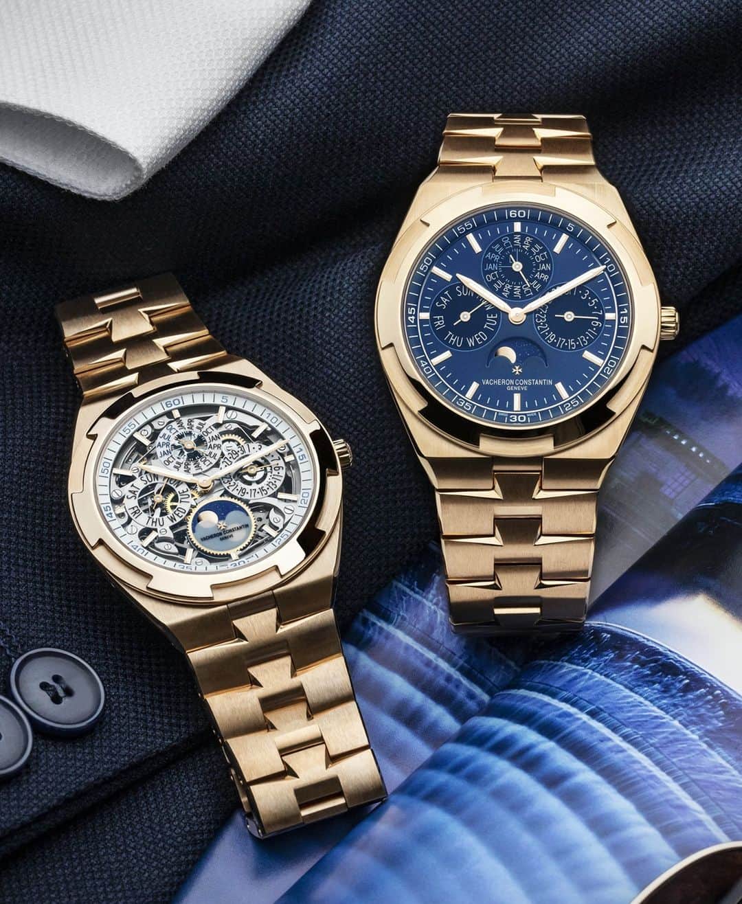 のインスタグラム：「⁣← or → ? ⠀ ⠀ ⁣← 𝗟𝗲𝗳𝘁: Overseas perpetual calendar ultra-thin skeleton. In this new gold-clad version, Vacheron Constantin highlights the expression of Haute Horlogerie values. While retaining its dynamic design, the aesthetic of the timepiece is transfigured by a sapphire dial inviting observers on a journey to the heart of the extremely thin 4.05 mm openworked perpetual calendar movement.⠀ ⠀ ⁣→ 𝗥𝗶𝗴𝗵𝘁:The Overseas perpetual calendar ultra-thin watch is also treating itself to an all-gold version. Its precious metal bracelet, featuring links inspired by the shape of the Maltese cross, is more elegant than ever while radiating a style all its own.⠀ ⠀ ⠀ ⁣#VacheronConstantin #OneOfNotMany #vacheron #thehourlounge #watches #watch #watchesofinstagram #horology #watchoftheday #instawatch #geneva #swissmade #swisswatch #watchesofinstagram #luxury #luxurywatch #vcoverseas⠀ ⠀」