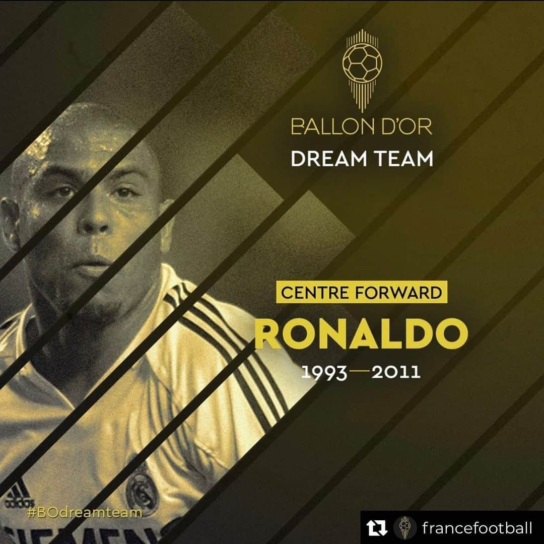 ロナウドのインスタグラム：「It’s such an honor to be elected the best centre forward of all time on the Dream Team by @francefootball. I gave my life for football and followed my dream. No matter the obstacle I faced and the pain I had to overcome I was always focused to get where I wanted: the TOP. How about You. Have you been chasing your dream?   #BOdreamteam #repost #francefootball」