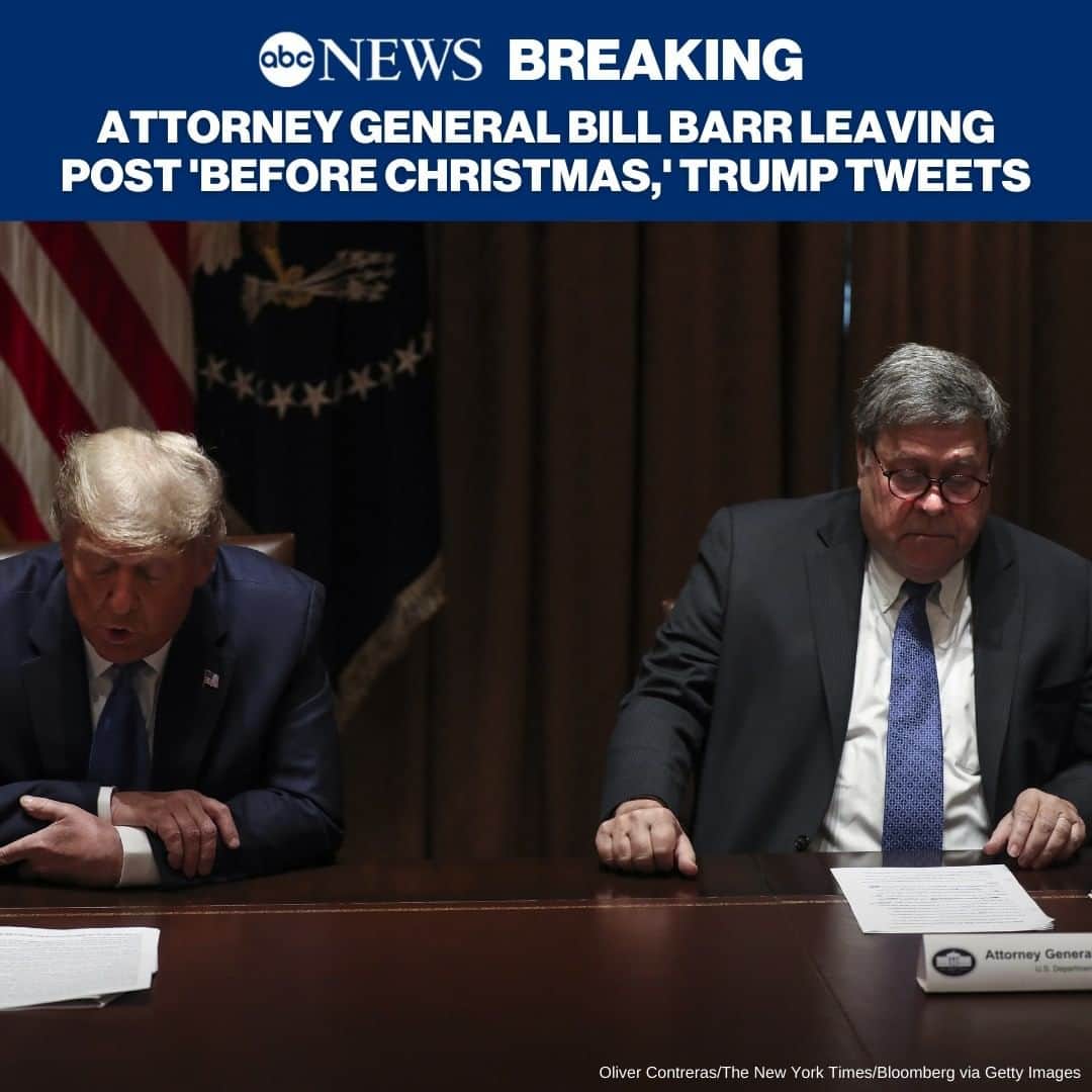 ABC Newsさんのインスタグラム写真 - (ABC NewsInstagram)「BREAKING: Attorney General William Barr is leaving the White House 'before Christmas,' Pres. Trump tweeted on Monday night. Latest at link in bio.」12月15日 8時01分 - abcnews