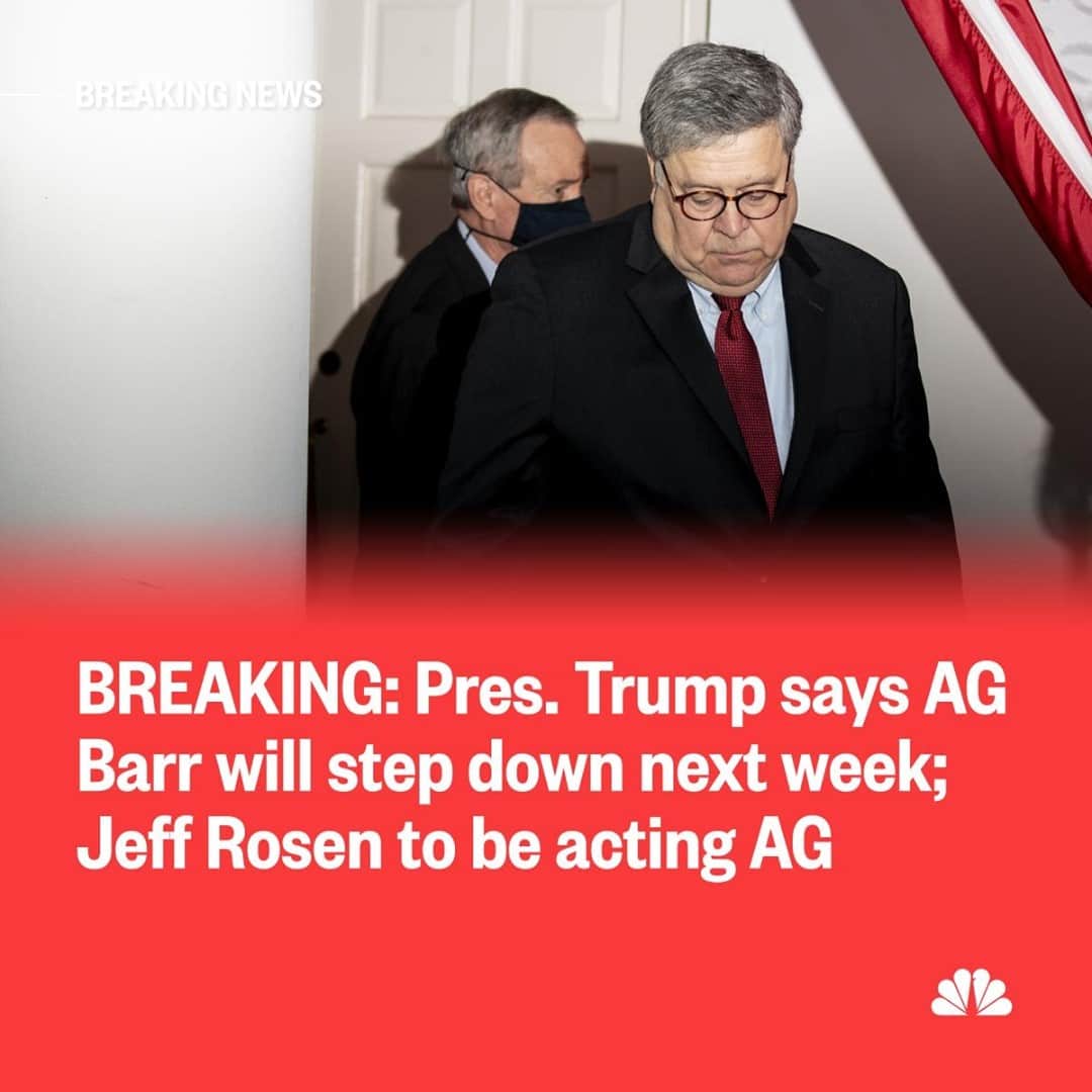 NBC Newsさんのインスタグラム写真 - (NBC NewsInstagram)「BREAKING: President Trump says AG Barr will step down next week; Deputy AG Jeff Rosen to become Acting AG.⁠ . ⁠ The news comes not long after Barr said there was no widespread fraud in the 2020 election, defying Trump, who has made baseless claims the basis of a failed legal bid to overturn the results and stay in power. Click the link in our bio to read more. ⁠ . ⁠ 📷 Stefani Reynolds / @bloomberg via @gettyimages」12月15日 8時11分 - nbcnews
