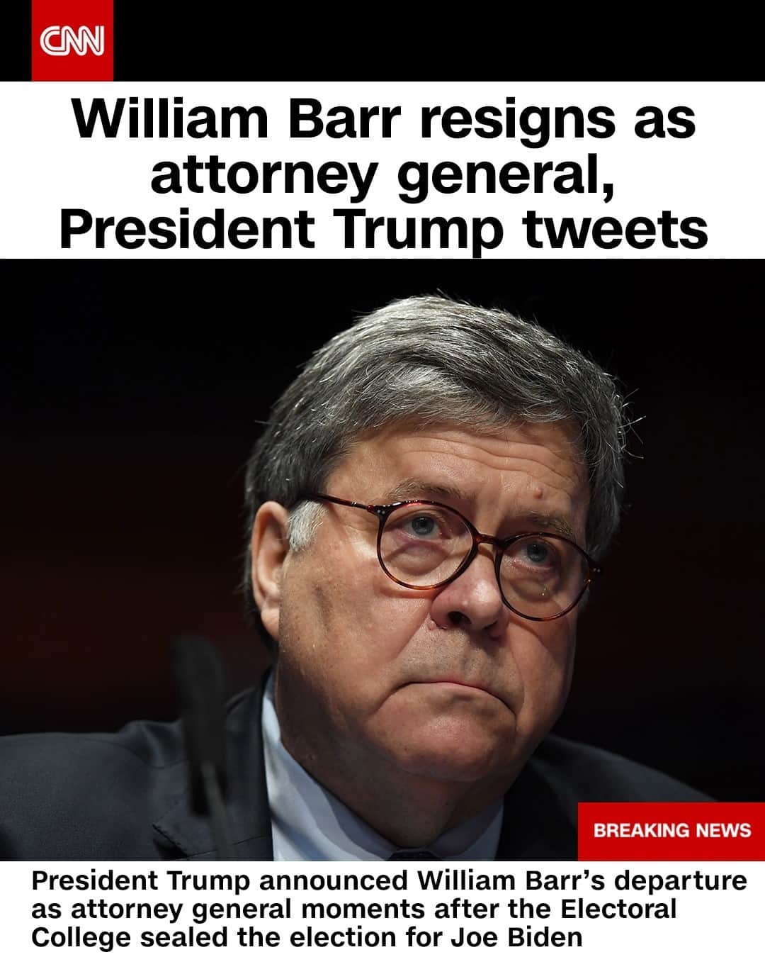 CNNさんのインスタグラム写真 - (CNNInstagram)「President Trump announced William Barr's departure as attorney general moments after the Electoral College sealed the election for Joe Biden. Barr repeatedly and unapologetically prioritized Trump's political goals while furthering his own vision of expansive presidential power. In his most notorious move, Barr delivered a misleading summary of special counsel Robert Mueller's report, essentially clearing Trump in the Russia probe, which drew a sharp rebuke from Mueller himself.⁠ (📸: Matt McClain/Pool/Getty Images)」12月15日 8時16分 - cnn