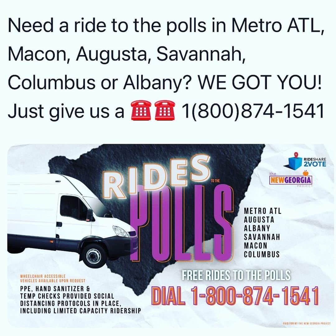 デブラ・メッシングさんのインスタグラム写真 - (デブラ・メッシングInstagram)「NEED A RIDE TO THE POLLS?  You GOT ONE!  Just call and a ride is on the way!  And they are equipped for WHEELCHAIRS & any other special need!   Save this number! Tell all your friends & family in #Georgia!   🌟🌟🌟🌟🌟🌟🌟🌟🌟🌟🌟 💃EARLY VOTING HAS BEGIN!💃 🌟🌟🌟🌟🌟🌟🌟🌟🌟🌟🌟  For voting & Dropbox locations  Go to peachvote.com 🇺🇸  🍊You can VOTE at ANY polling location in your County!  🍊Call your county Board of Elections For WAIT TIMES!  🍊@pizzaatthepolls will send you pizza if you give them your polling location!  If you want Covid relief, jobs, racial justice, a new voting rights law, $15 min wage, student debt relief Expanded Medicaid— your ONLY choices are #JonOssoff & #raphaelwarnock   #Georgia #georgiaonmymind #senate #atlanta #runoff #jonossoff #raphaelwarnock #ossoffwarnock #ahmaudarbery #civilrights #JohnLewis」12月15日 2時53分 - therealdebramessing