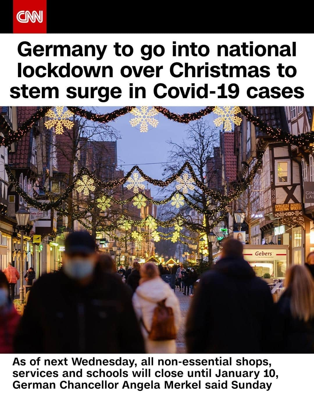 CNNさんのインスタグラム写真 - (CNNInstagram)「Germany will go into a "hard" national lockdown with all non-essential shops, services and schools closing next week until January 10. Christmas Day gatherings will be reduced from 10 people to only five from two different households. The new measures take aim at traditional festivities: Christmas church services will be subject to prior registration with no singing allowed, alcohol is to be banned from all public spaces and an annual New Year's Eve fireworks display will be canceled. Germany reported record daily deaths Friday, with nearly 600 fatalities tallied in a span of 24 hours. Tap the link in our bio to learn more. (📸: Ole Spata/Picture Alliance/Getty Images)」12月15日 3時02分 - cnn