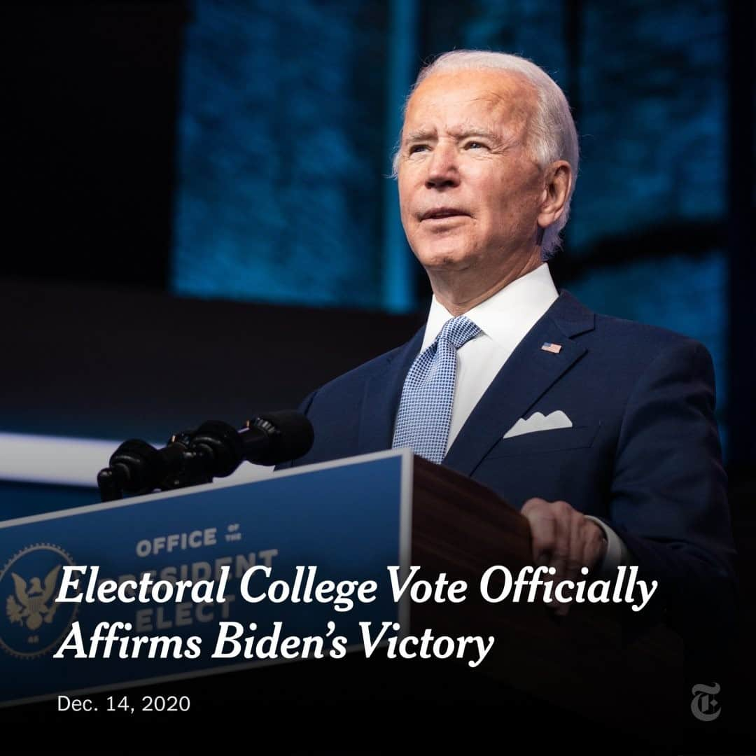 ニューヨーク・タイムズさんのインスタグラム写真 - (ニューヨーク・タイムズInstagram)「President-elect Joe Biden surpassed the 270-vote threshold in the Electoral College when California’s electors cast their votes, affirming his presidential victory and all but ending a disruptive chapter in American history in which President Trump sought to use legal challenges and political pressure to overturn the results of a free and fair election.   With Trump supporters promising to mount protests outside some statehouses, officials took extra steps to ensure the safety of the electors. Lawmakers in Michigan, citing credible threats, closed the Capitol building to the public, as did Wisconsin, where electors in Madison were ushered into a side entrance at the State Capitol for the noon vote.  Yet the voting for the most part went smoothly. There were no protests that disrupted the proceedings. Indeed, in many battleground states, police officers outnumbered protesters, and the normally staid process carried out by the Electoral College went uninterrupted. Tap the link in our bio for a state-by-state breakdown. Photo by @anna.money」12月15日 8時30分 - nytimes