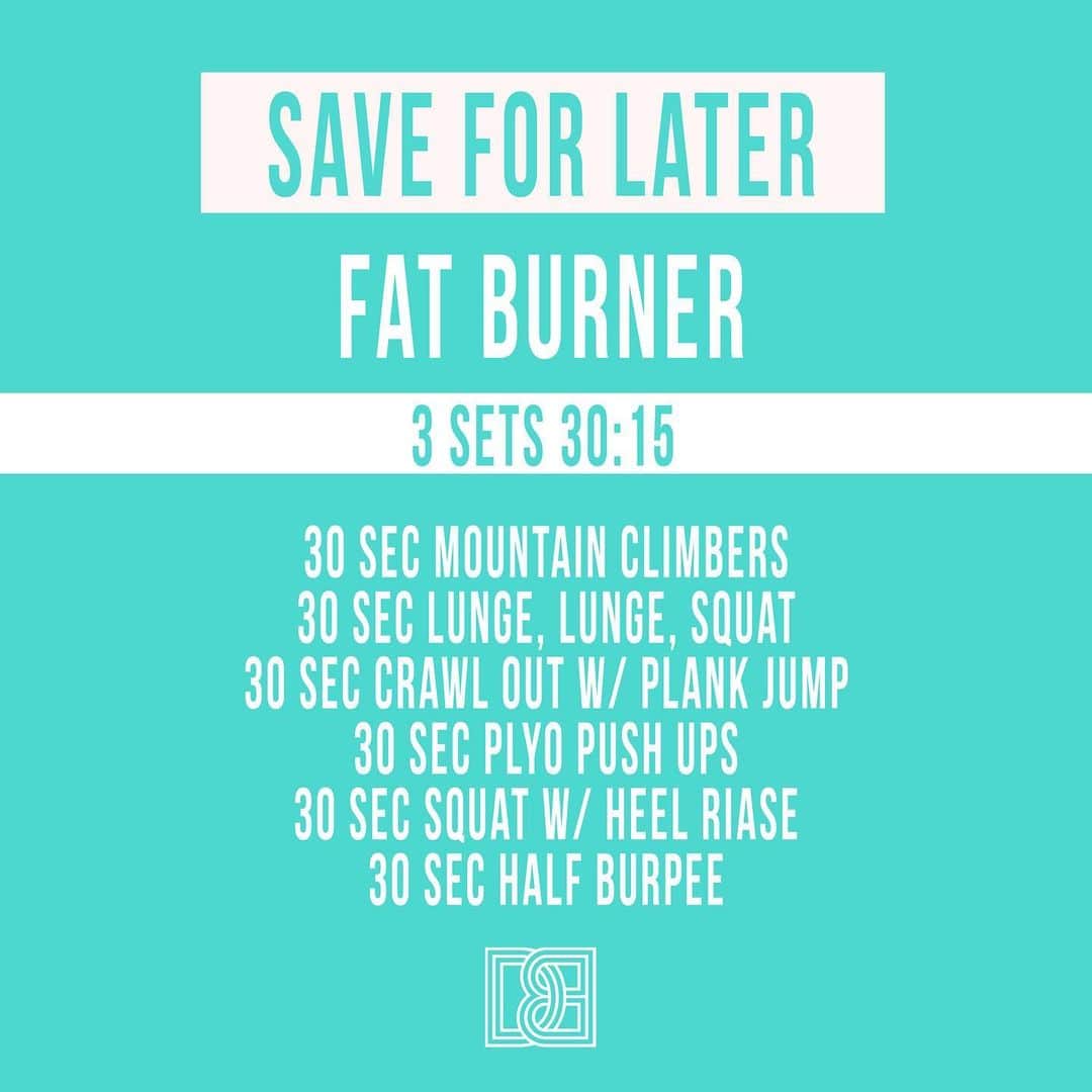 Danielle Robertsonさんのインスタグラム写真 - (Danielle RobertsonInstagram)「FAT BURNER 🔥🔥  This FAT BURNER workout was designed to make you SWEAT! This workout includes Plyometric exercises (also known as jump or shock training). Plyometrics is a form of intense training in which muscles exert maximum force in short intervals of time, with the goal of increasing power. Let’s gooo!  WORKOUT  3 SETS 30:15  30 sec work 15 sec rest  Perform each exercise for 30 seconds with 15 seconds rest between exercises. Allow 60 - 90 seconds rest between sets.  30 sec Mountain Climbers 30 sec Lunge, Lunge, Squat 30 sec Crawl Out w/ Plank Jump 30 sec Plyo Push Ups 30 sec Squat Jump w/ Heel Raise 30 sec Half Burpee」12月15日 5時15分 - dannibelle