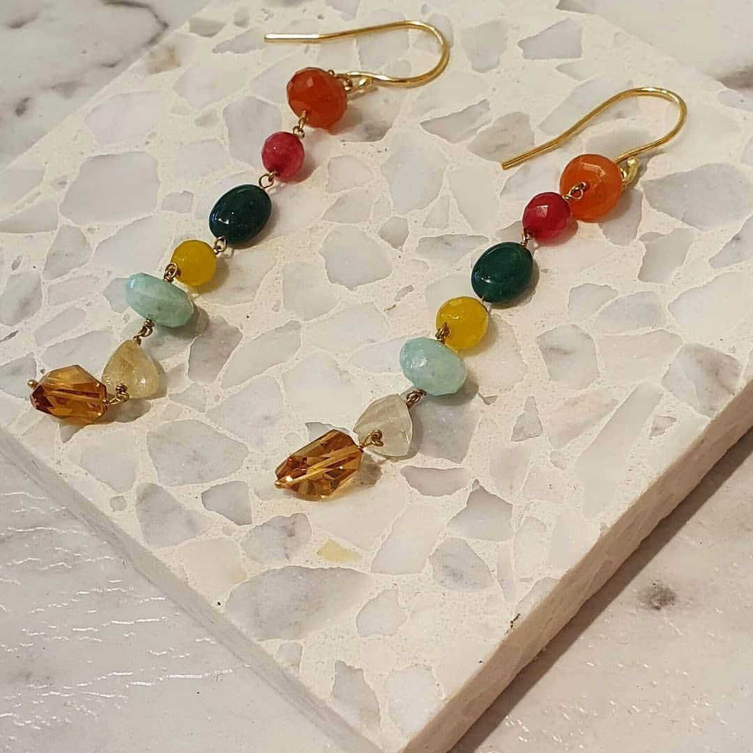 ミーガンパークのインスタグラム：「Embellish with gem stones ✨ // brighten up your outfits with these semi-precious gem stone earrings, crafted from rough cut carnelian, rutile, amazonite and citrine stones. Find online and in store x」