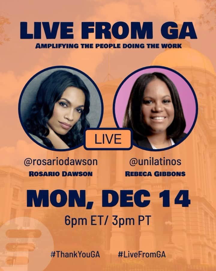 ロザリオ・ドーソンのインスタグラム：「Going live here with Rebeca Gibbons of @unilatinos at 6pmET to hear about the work being done to get voters out for the GA #SenateRunOff election on January 5th, 2021. Early voting started today! #GeorgiaOnMyMind Please follow @unilatinos and support their work turning out the vote in GA!」