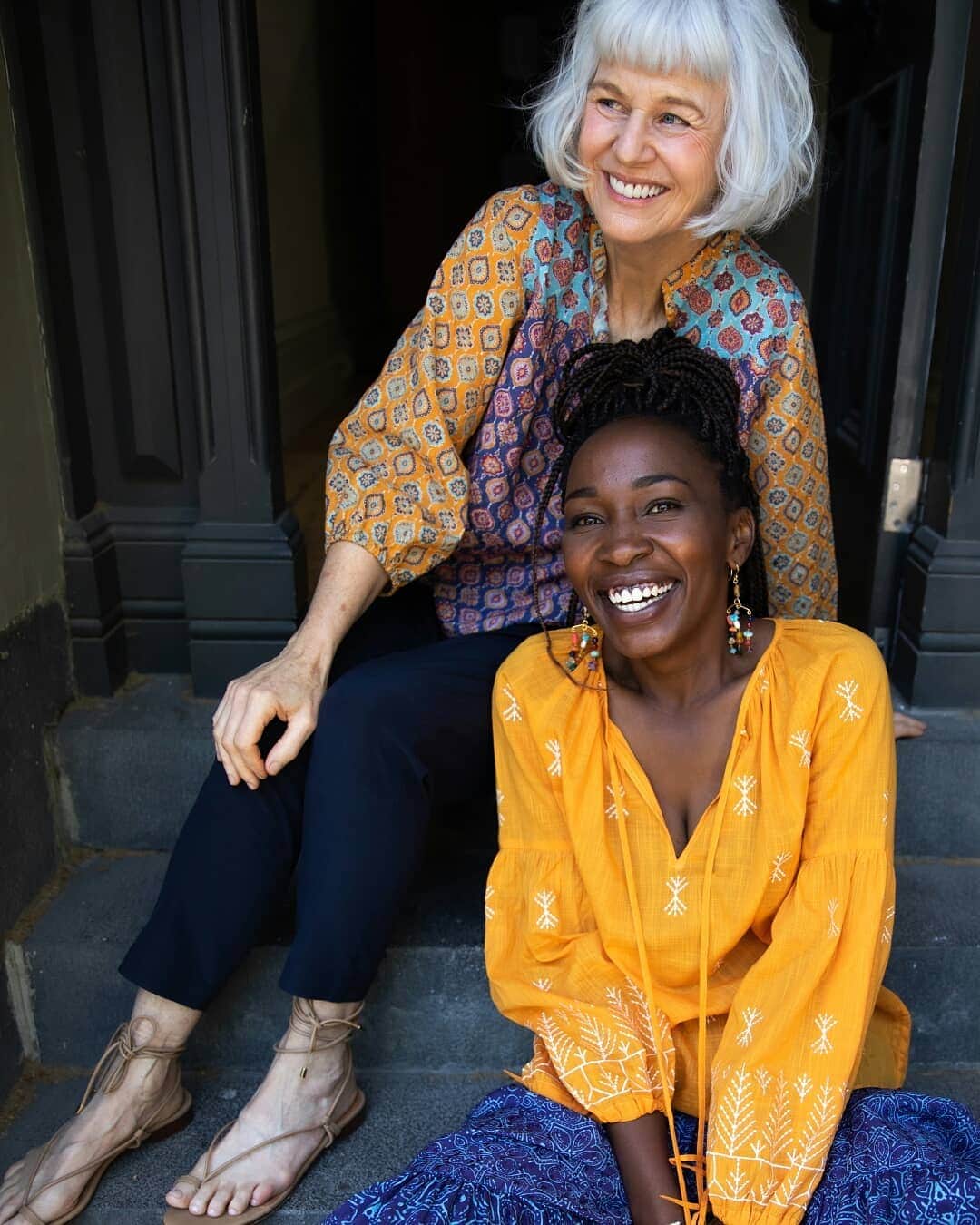 ミーガンパークのインスタグラム：「Two gorgeous souls, inside and out // we had the pleasure of shooting these two last week, the joy and beauty they exuded and created together was contagious. Thank you @letitiagreenstudio @letitiagreen_photography @thisgirlmimmo @jillianmurrayk @melsantosmakeup Jillian wears the Azra Patched Top & Silk Elastane Churdy, Grace wears the Elvia Cotton Blouse and Azra Tiered Skirt in Multi Blue」