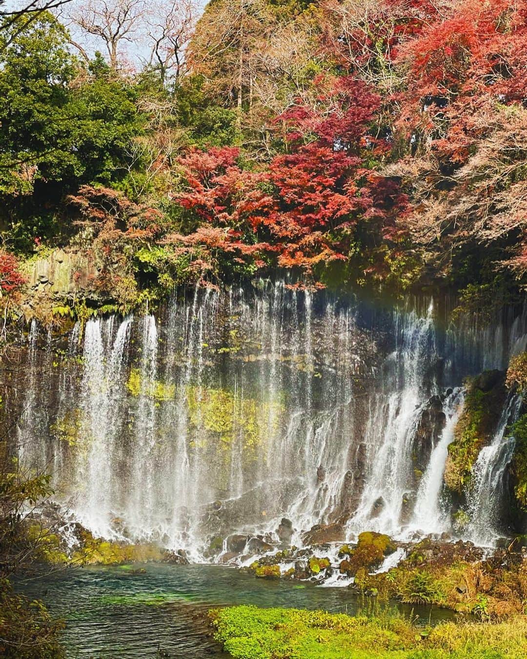 源崎トモエのインスタグラム：「薄ら虹も出てて綺麗だった☺️🍁 . #白糸の滝 #滝 #静岡 #富士宮市  #マイナスイオン #虹 #紅葉 #絶景」