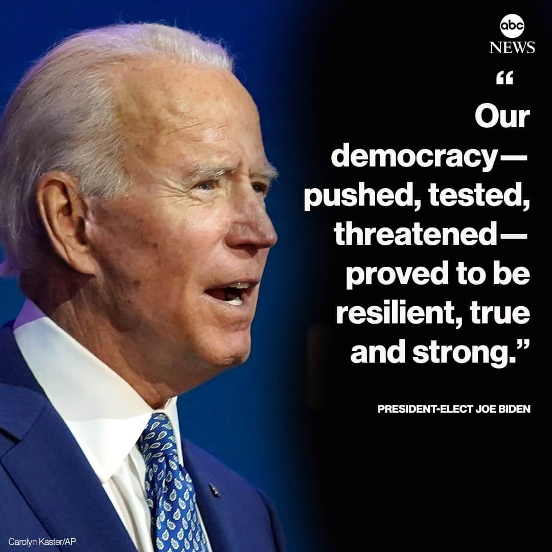 ABC Newsさんのインスタグラム写真 - (ABC NewsInstagram)「JUST IN: President-elect Joe Biden delivers remarks after Electoral College confirms victory: “Our democracy—pushed, tested, threatened—proved to be resilient, true and strong.” #joebiden #donaldtrump #election2020 #electoralcollege #democracy⁠ ⁠ Read more from Biden's remarks at LINK IN BIO.」12月15日 9時40分 - abcnews