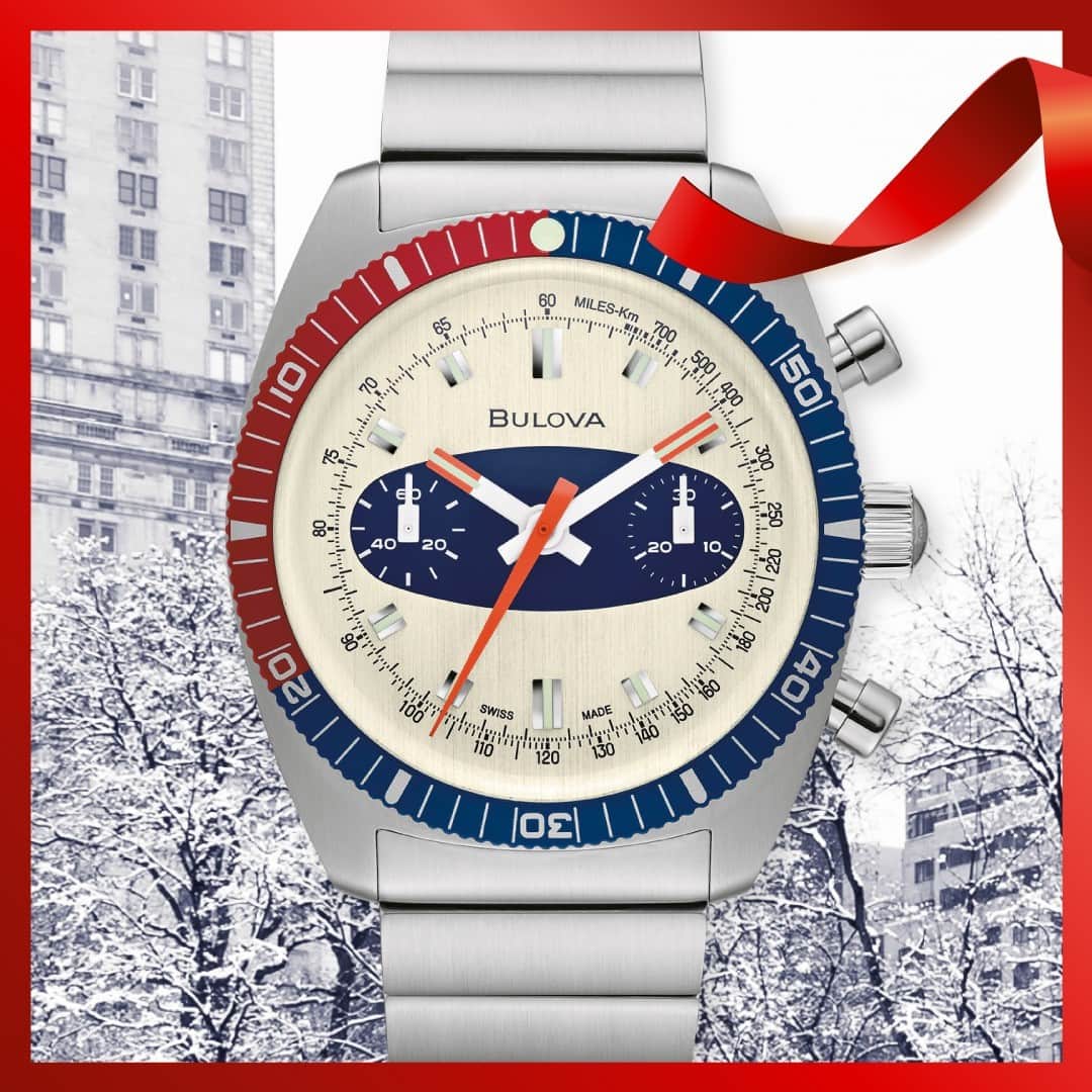 ブローバのインスタグラム：「The new, limited-edition Chronograph A makes a special gift for the sporty man with a keen sense of style. Inspired by a popular Bulova timepiece from the 1970s, this watch with a Swiss-made automatic movement, is known as the “Surfboard” for the distinctive blue oval encircling the two sub dials. #Bulova #HolidayGifts — ⏱: 98A251 MSRP: $2,950.00 USD CASE: ø 38.5 mm」