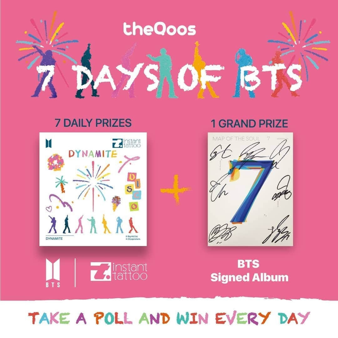 ナヨンさんのインスタグラム写真 - (ナヨンInstagram)「💜Check out the ‘7 Days of BTS’ by @theQoos!💜 & WIN BTS TATTOO STICKERS & SIGNED ALBUM  @theQoos teamed up with @instant.tattoo_official to get you some cool BTS merch! 🤩💘💫 (Psst… they also have a special discount code just for Qoos! More info below)⬇️  7 lucky winners will win a Dream Forever instant tattoo set, and 1 winner will win a Signed BTS Map of the Soul: 7 Album!🎁🥳  HOW TO ENTER (BTS instant tattoos):  💜Vote in theQoos BTS poll of the day in @theQoos app (FREE TO D/L - LINK IN BIO) 💜Comment under the poll what you voted for and why 💜Also comment your favorite design from www.instant-tattoo.com    And that’s it! One winner will be chosen each day to win a BTS instant tattoo set!  (Want to snag a tattoo sticker set for yourself right now? theQoos have an EXCLUSIVE discount code only for Qoos! Use the code THEQOOS25OFF at checkout to save 25%‼️) -HOW TO ENTER (BTS Signed Album):  💜Vote and comment on all 7 BTS polls in @theQoos app explaining what you voted for and why 💜And make sure you commented on all 7 polls with your favorite design from www.instant-tattoo.com  BONUS ENTRIES: 💜Share this post on Instagram for an additional entry for the signed album giveaway! Remember to tag them @theqoos and use #BTS #7DaysOfBTS so they can count toward your entries. Also find them on Twitter & Facebook for a total of 3 entries!  And that’s it! One lucky winner will receive a BTS album signed by all 7 members!😱  Giveaway ends 1/18 at 8PM EST. Winners will be announced every day in theQoos app. Good luck!💜 D/L @theQoos FREE - LINK IN BIO」1月13日 19時50分 - twnayeon