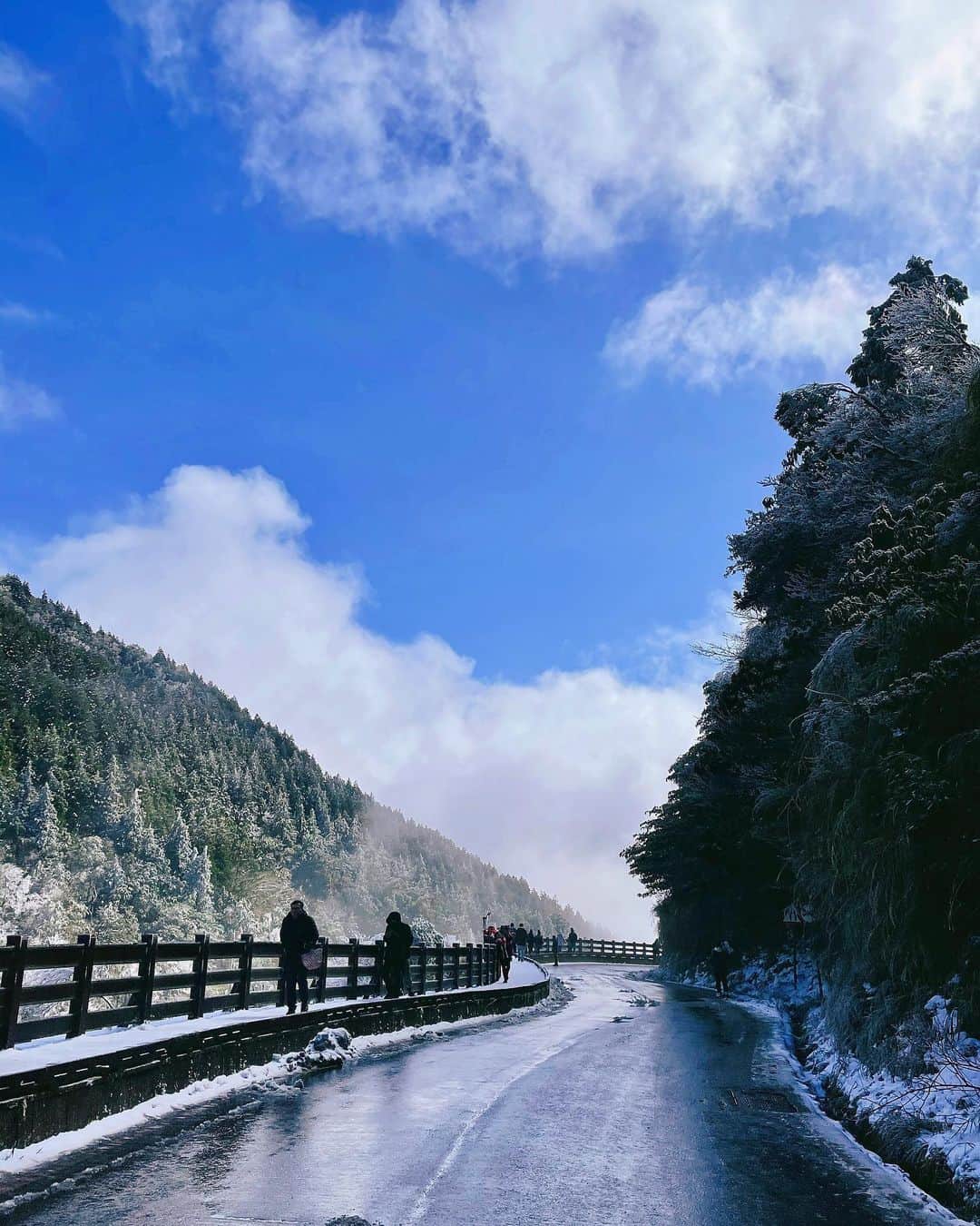 蔡瑞雪（Ruixue Tsai）さんのインスタグラム写真 - (蔡瑞雪（Ruixue Tsai）Instagram)「台灣也有這麼美的雪景🌨 收工後的手機隨拍📷 期待正片 #瑞雪賞雪 ❄️ 拍照中→ 😄 拿開鏡頭 →🥶 - 註 二-美麗的雲海 像來到了仙境，漫步在雲端 三-遇到可愛的小朋友不怕冷的玩欄杆上的雪，背影融化了我的心 💞 四-在樹上的冰柱透過夕陽輝映下，瞬間成了楓葉🍁，與地上的積雪，讓季節界線變得曖昧關係」1月13日 20時57分 - snowbabyq
