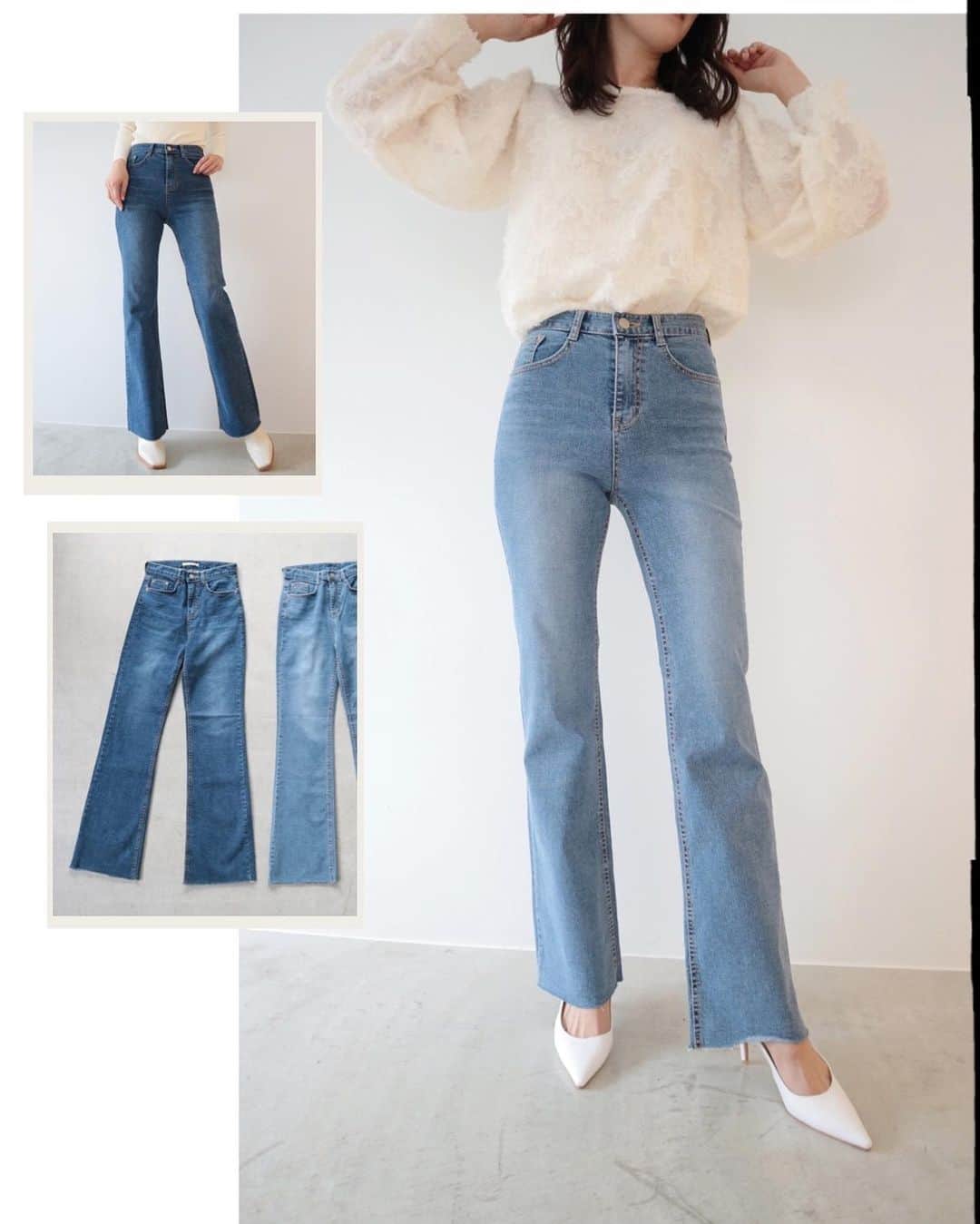 デュラスアンビエントのインスタグラム：「JANUARY NEW ARRIVAL ▫️ 𝗕𝗼𝗼𝘁𝘀 𝗰𝘂𝘁 𝗱𝗲𝗻𝗶𝗺 〈L/indigo,D/indigo〉S/M ONLINE本日20:00-発売。 いつものデニムスタイルに新しさをプラスしたいなら、是非トライしたいのがブーツカットデニム。 バランスにこだわったラインは、脚をスリムにスタイルアップ。 裾に向かってさりげなく広がっていくシルエットでスラッと美脚に見えるのが嬉しいポイントです。 裾は切りっぱなし仕様でヌケ感をプラス。 ややストレッチ性があり履きやすく、また程よくシェイプアップも叶えてくれる嬉しい１枚。 季節問わず愛用でき、合わせるアイテムによってフェミニンスタイルや大人カジュアルまで幅広いコーデが楽しめます。  _____________________________________ www.ambient-online.com @ambientofficial @ambient_ariake @ambient_yurakucho @ambient.opa #アンビエント#ambient_official  #coordinate #styling #21SS #chic」