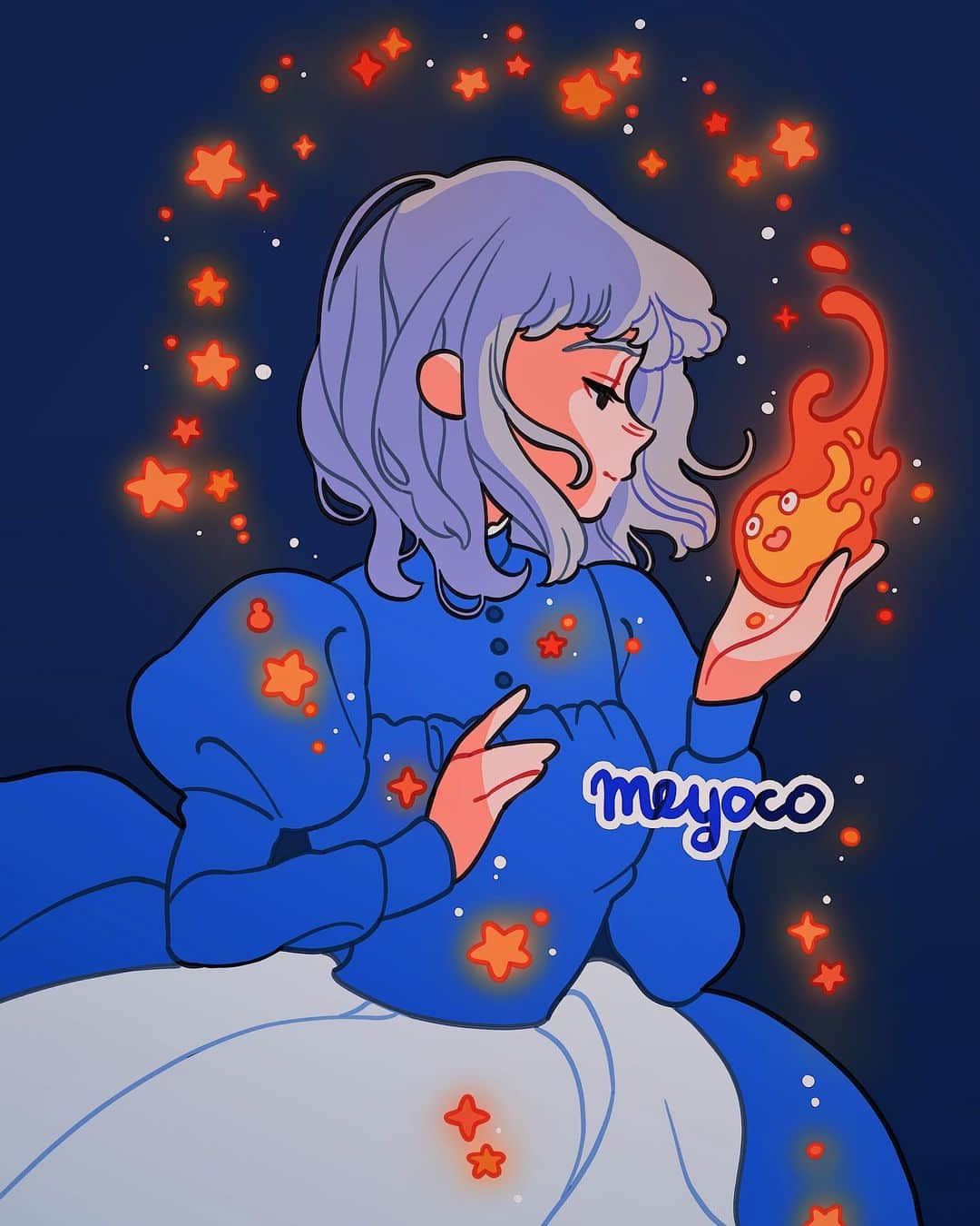 meyocoさんのインスタグラム写真 - (meyocoInstagram)「Sophie and Calcifer 🌟🔥 (for the second picture I wanted to try coloring Sophie’s hair red gold like in the original books!)」1月9日 22時44分 - meyoco