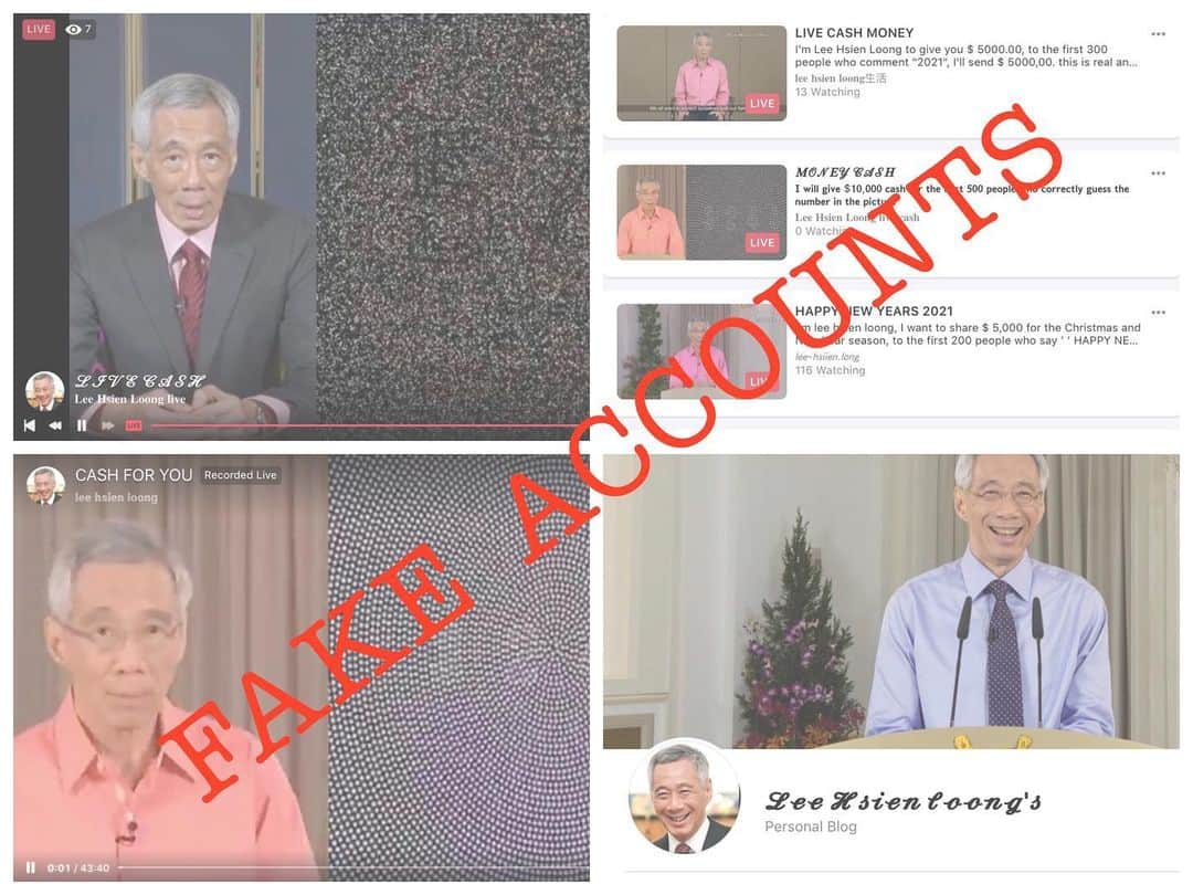 リー・シェンロンのインスタグラム：「Recently, a spate of fake Facebook accounts have appeared, using footage of me speaking to promote false ‘giveaways’. Most of them promise easy money if you share the link in Facebook groups, spreading the scam further. ⠀ ⠀ If you see these posts, please do not click them! They want to trick you into revealing your banking details, or other personal information. Report the posts to the @singaporepoliceforce instead. Try to note down the URL of the post, as a screengrab does not always capture the info needed to identify it. ⠀ ⠀ Thank you to all the people who have alerted me to these fake accounts. I hope we will all remain vigilant. For more information on scams, you can visit www.scamalert.sg or call the Anti-Scam Hotline at 1800-722-6688. ⠀ ⠀ – LHL」