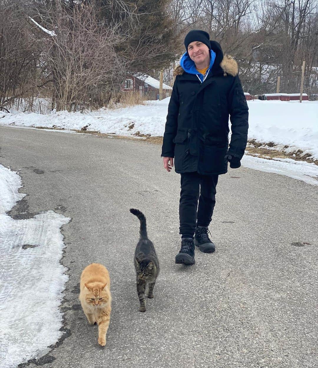 ロビン・ロード・テイラーのインスタグラム：「Hey, everyone. I hope you are all ok. We met some friendly locals on our walk today. Sending you love and positivity. ❤️ (We were on a country lane, not a single other person outside for miles. Please wear your masks when around other humans.) 📷: @dickiedibella」