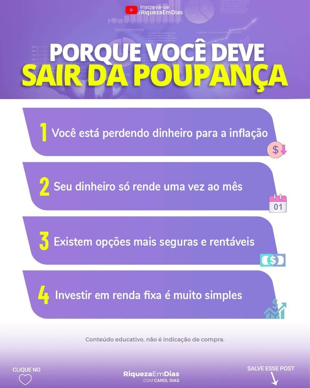 Carol Diasさんのインスタグラム写真 - (Carol DiasInstagram)「Você conhece alguém que ainda investe dinheiro na poupança? . De fato não faz sentido deixar o dinheiro na poupança hoje com várias e várias opções tão seguras e melhores que ela. . Quer saber como começar a investir?  .  🎯 Marque um amigo e comente EU QUERO  . .  .  .  .  . ❤️ Curta o post 💾 Salve a arte para ver depois ➡️ Ative as notificações para receber todo conteúdo novo que eu postar aqui . #investimentos #dinheiro #empreendedorismo  #investimento  #fundosimobiliários #investir  #trader  #mercadofinanceiro #bolsadevalores  #finanças  #fiis  #economia #finançaspessoais #planejamentofinanceiro #investidor  #liberdadefinanceira  #investidorinteligente #caroldias #rendavariavel #ações #comoinvestir #educaçãofinanceira #buyandhold #voabrasil #riquezaemdias #dividendos #acoes #ações #btcbrasil #bitcoinbrasil #poupanca」1月10日 0時01分 - caroldias