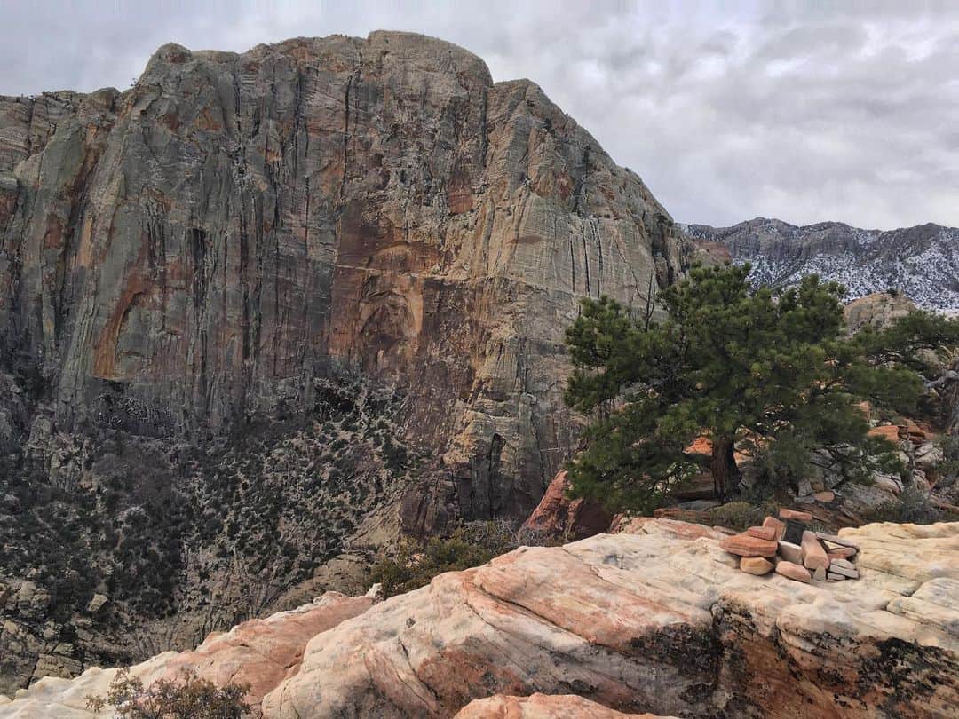 アレックス・オノルドのインスタグラム：「I’ve been playing with some scrambling link ups in the canyons in Red Rock - been spending a lot of time puttering up and down all the different peaks trying to connect them in natural ways. It’s felt like a good time to be disconnected from the man made world and immersed in the actual, natural world... The man made world is such a junk show right now. Makes me sad for us.  (Pic of the Rainbow wall, as viewed from the summit of Juniper peak. I think...)」