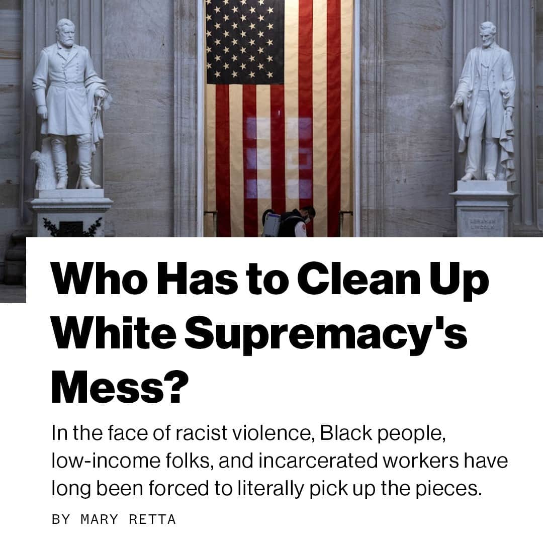 VICEさんのインスタグラム写真 - (VICEInstagram)「The riot, like other events held or attended by white supremacists despite the pandemic, put Black people, low-income folks, and incarcerated workers—populations that were already most vulnerable to COVID-19—in a position where they are forced to literally clean up after the mess of white supremacy, and risk their lives in doing so.⁠ ⁠ As police officers watched, White House custodial staff were forced under police surveillance to cleaned the rubble that the rioters had left behind so that Congress could resume its proceedings. Due to federal laws stating that government buildings must give priority in buying office furniture to UNICOR, a company that outsources prison labor from factories throughout the U.S., the furniture that replaces what white nationalists destroyed will most likely be made by incarcerated workers who are paid pennies, sometimes while forced to work against their will. ⁠ ⁠ 🔗: Link in bio to read more. ⁠ 📷: Via Getty」1月10日 4時05分 - vice