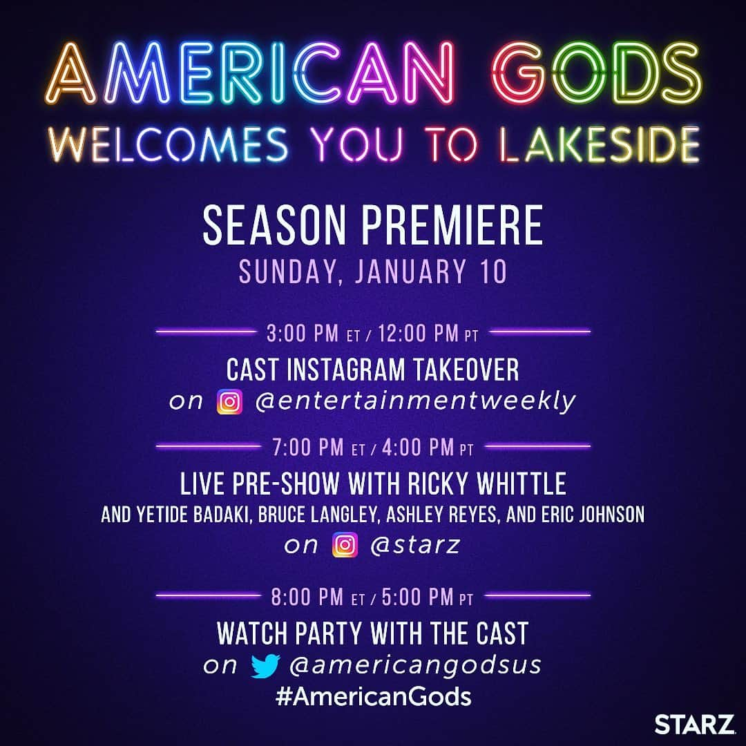 リッキー・ウィットルさんのインスタグラム写真 - (リッキー・ウィットルInstagram)「JOIN US LIVE on Instagram this SUNDAY (Tomorrow) for a cast catch up answering your questions and more  GO TO; 👇🏾  • @entertainmentweekly LIVE at  12pm PT / 3pm ET  @omidabtahi @yetide @brucejlangley @reyesashleyreyes   • @starz LIVE at 4pm PT / 7pm PT as I interview @yetide @brucejlangley @reyesashleyreyes @ericjohnson   #AmericanGods #season3 #lakeside #premiere day #entertainmentweekly #starz #shadowmoon #bilquis #salim #techboy #cordelia #chadmulligan」1月10日 4時14分 - rickywhittle