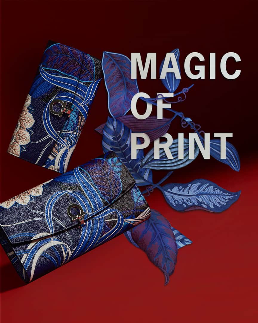 サルヴァトーレ・フェラガモのインスタグラム：「Embrace the magic of print and possibility with enchanting foliage motifs that evoke a sense of whimsy, where flora and fauna entwine to create an illusion of tropic elegance on Ferragamo’s hand-crafted artisanal accessories.」