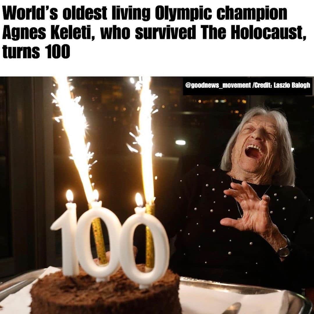 Inside Gymnasticsさんのインスタグラム写真 - (Inside GymnasticsInstagram)「🎂 😀❤️ • @goodnews_movement 10-time Olympic champion in gymnastics, Agnes Keleti celebrated her 100th birthday today in her native Budapest, Hungary. Keleti maintains a positive mindset despite having survived the Holocaust, and being kicked off her gymnastics team in 1941 for being Jewish. In 1952 she made her Olympic debut at 31, winning gold for the floor exercise as well as a silver and a bronze. Keleti went on to win 7 more titles but says she values more the experience gained from traveling than her gold medals. She says she loves life, still does gymnastics and is grateful for her health. 🤸‍♀️」1月10日 11時48分 - insidegym