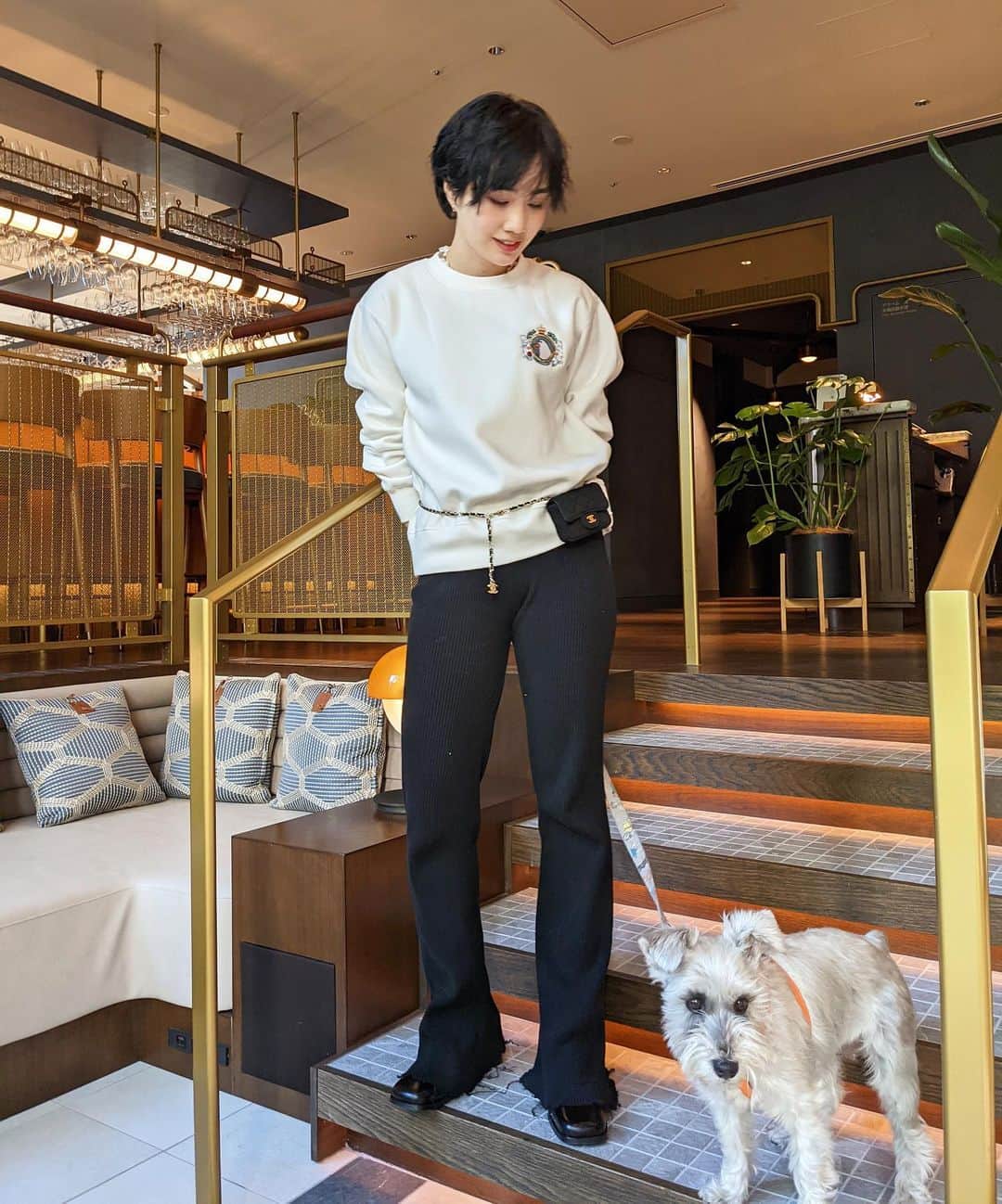 渡邉香織のインスタグラム：「【INDEPENDENT DOGS 2020 sweater 】  Online shop link in bio. Me (162cm / 5′3″ ) wearing size Medium(white) and size Large(Navy)🐾  大人は M / L / XL 展開 キッズは 110cm / 130cm / 150cm  わたしは身長162cmで綺麗めに着るならM(写真の白)、ざっくり大きめに着るならL(写真の紺)です。  正直キッズの150cmも着ようと思えば着れちゃいます。小柄な人はキッズの150cmもありかもです。  アレンはパン狙い🥐」