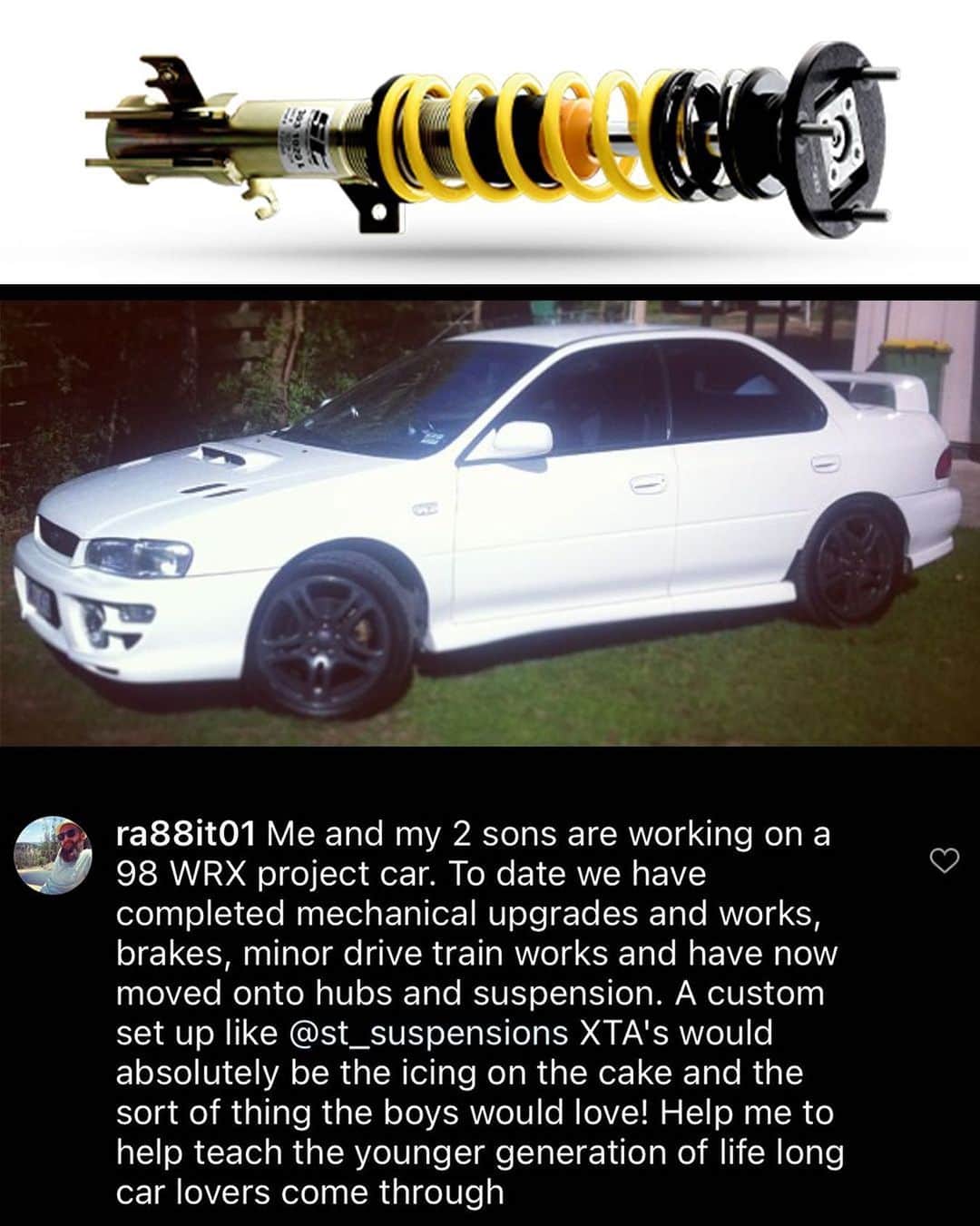 ケン・ブロックのインスタグラム：「Congratulations to our @ST_Suspensions giveaway winner, Shane Warren (@ra88it01)! He will be receiving a customized set of XTA coilovers for his ‘98 WRX project that he’s building with his two sons! With the two piece race springs, damping control, and 85mm of adjustability they can get that GC8 dialed for any type of surface they throw at it. Enjoy!」