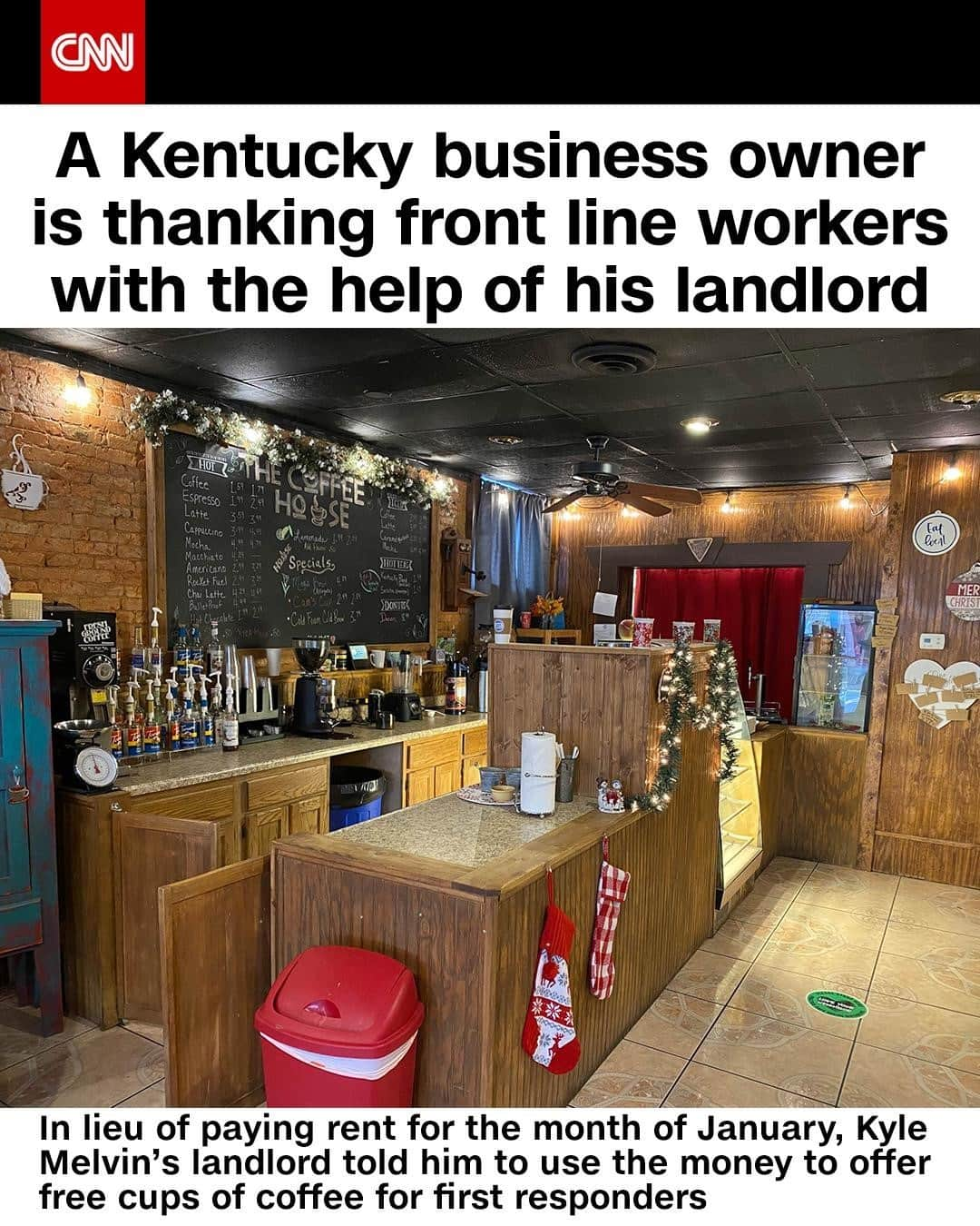 CNNさんのインスタグラム写真 - (CNNInstagram)「Kentucky coffee shop owner Kyle Melvin wanted to do something nice for the first responders in his community so he struck a deal with his landlord Wade Smith: in lieu of Melvin paying rent in January, Smith would allow him to keep that money and extend free coffee for frontline workers for one month. "I don't just want to have good drinks, I want to also be a real part of our community and focus on making connections with all the customers that come into our shop,” Melvin said. “This has allowed us to really capitalize on the mission we already aim to pursue." ⁠ ⁠ (📸: Kyle Melvin)」1月11日 3時01分 - cnn