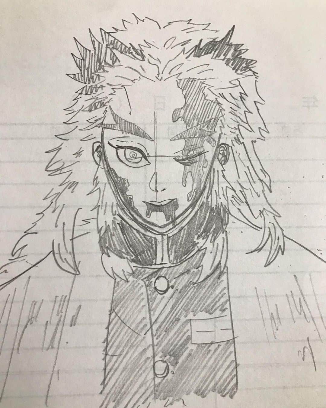 裕樹のインスタグラム：「炎柱・煉獄杏寿郎 かなり難しいわ💦微妙に違ってくるだよなぁ 練習しよう🤣  #描いてみた #鬼滅の刃 #煉獄杏寿郎」