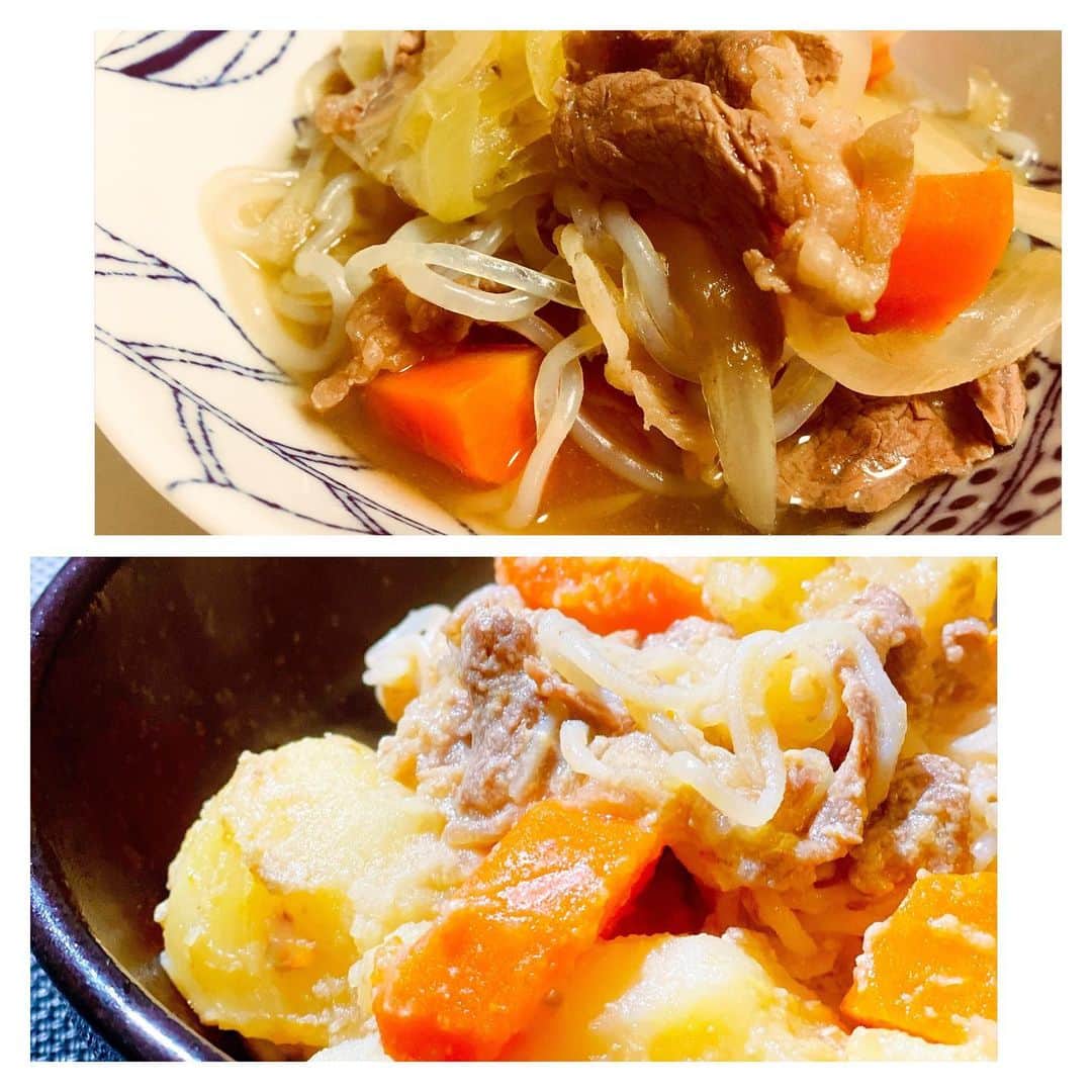 元木行哉のインスタグラム：「肉じゃが作ったことないから作ってみる、と言ったら、梅田キャスターが自分も勝負しますと言うので、スーパーで同じ具材を買って帰り、それぞれ #自炊チャレンジ ！﻿ ﻿ 上がウメで下が僕。﻿ 味は各自自己審査なので二人ともいつものように自信あり（笑）﻿ ウメはシンプルに。﻿ 僕は牛乳を入れたレシピで。﻿ ﻿ 今回はウメ、美味そうに出来たやないか😏﻿ ﻿ #梅田に負けるな #コロナに負けるな #stayhome #staysafe #stayhopeful #料理 #メンズキッチン #元木行哉 #cooking #おうちごはん」