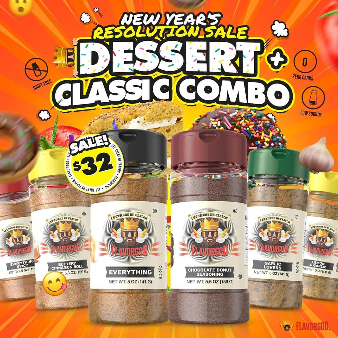 Flavorgod Seasoningsさんのインスタグラム写真 - (Flavorgod SeasoningsInstagram)「Dessert + Classic Combo Pack on SALE!!- $32⁠ -⁠ Eat Clean, Crush your Cravings, Stay on track with Goals this New Year!⁠ -⁠ Click link in the bio -> @flavorgod  www.flavorgod.com⁠ -⁠ Included in combo pack:⁠ Everything Spicy Seasoning⁠ Buttery Cinnamon Roll Topper⁠ Everything Seasoning⁠ Chocolate Donut Topper⁠ Garlic Lovers Seasoning⁠ Lemon & Garlic Seasoning⁠ -⁠ Flavor God Seasonings are:⁠ ✅ZERO CALORIES PER SERVING⁠ ✅MADE FRESH⁠ ✅MADE LOCALLY IN US⁠ ✅FREE GIFTS AT CHECKOUT⁠ ✅GLUTEN FREE⁠ ✅#PALEO & #KETO FRIENDLY⁠ -⁠ #food #foodie #flavorgod #seasonings #glutenfree #mealprep #seasonings #breakfast #lunch #dinner #yummy #delicious #foodporn」1月10日 23時01分 - flavorgod
