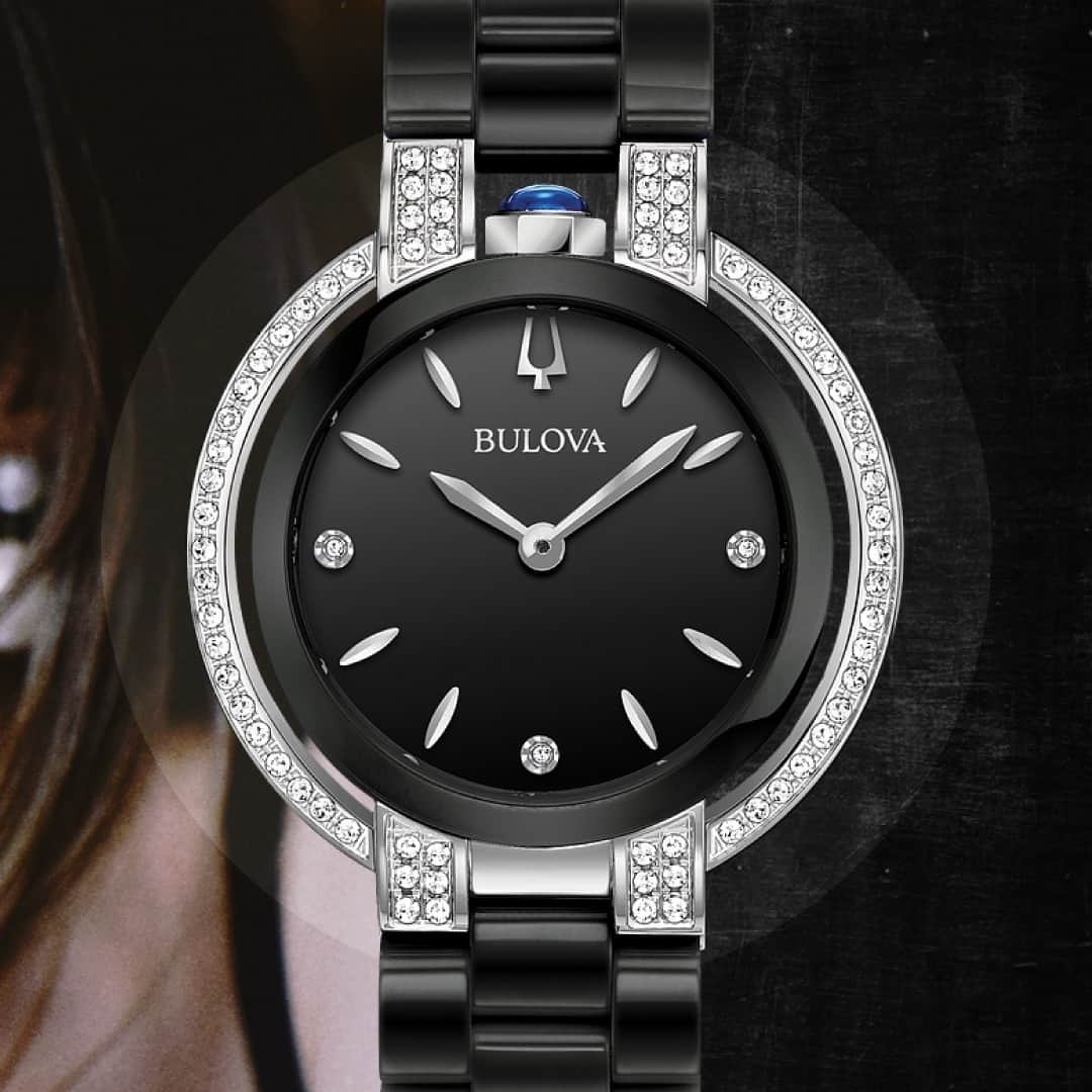 ブローバのインスタグラム：「Bulova was the first watchmaker to produce a line of women’s wristwatches in the 1920s, instantly creating a glamorous, must-have accessory. The Rubaiyat shown here features 73 diamonds individually handset on the case parenthesis, lugs and glossy black dial. #Bulova #ProudNewYorker — ⏱: 98R266 MSRP: $1,695.00 USD CASE: ø 35 mm」