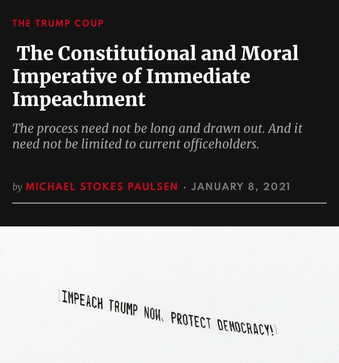 トーマス・サドスキーのインスタグラム：「A part of the scathing article from conservative lawyer Michael Stokes Paulson. This isn’t a partisan issue. It is a patriotic issue.  “President Trump should be impeached and removed from office immediately.  He has, without doubt, committed acts constituting “high Crimes and Misdemeanors” within the meaning of the Constitution’s impeachment standard. He has attempted to preserve himself in office, notwithstanding his defeat for reelection, by seeking to subvert the results of a series of popular democratic state elections—a terrible attack on our constitutional republican government. He has done so by developing a tissue of lies and repeating them endlessly, in a fraudulent effort to undermine public confidence in election results. Over the course of an hour-long phone call last Saturday, he essentially threatened state election officials in Georgia, seeking to intimidate them into “finding”—manufacturing—sufficient votes for him to corruptly overturn the official, verified count of a freely and fairly conducted election.  He sought to have the vice president of the United States unconstitutionally refuse to allow the counting of votes cast by electors who were selected in election results certified by their states and upheld against court challenges. When the vice president declined to do so, Trump incited a mob to march on the Capitol and disrupt Congress’s official counting of electors’ votes for his opponent. His remarks and tweets fairly can be read as efforts to incite imminent lawlessness, insurrection and violence—including even attacks directed against his own vice president.”」