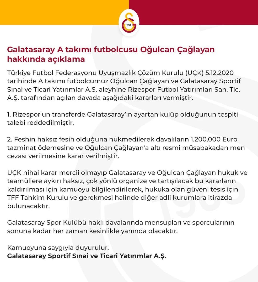 ガラタサライSKさんのインスタグラム写真 - (ガラタサライSKInstagram)「Galatasaray A takımı futbolcusu Oğulcan Çağlayan hakkında açıklama」1月11日 4時58分 - galatasaray