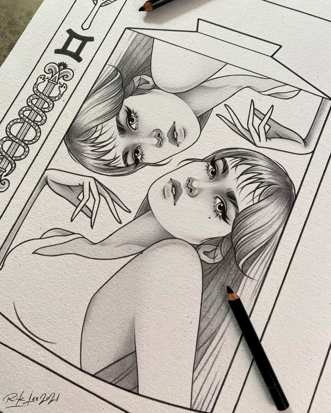 Rik Leeのインスタグラム：「I’m currently working on the next piece in my zodiac series. I bet you can guess which sign these sisters are!? . #riklee #illustration #zodiac #art #graphicdesign #drawing #twins #starsign #tarot」