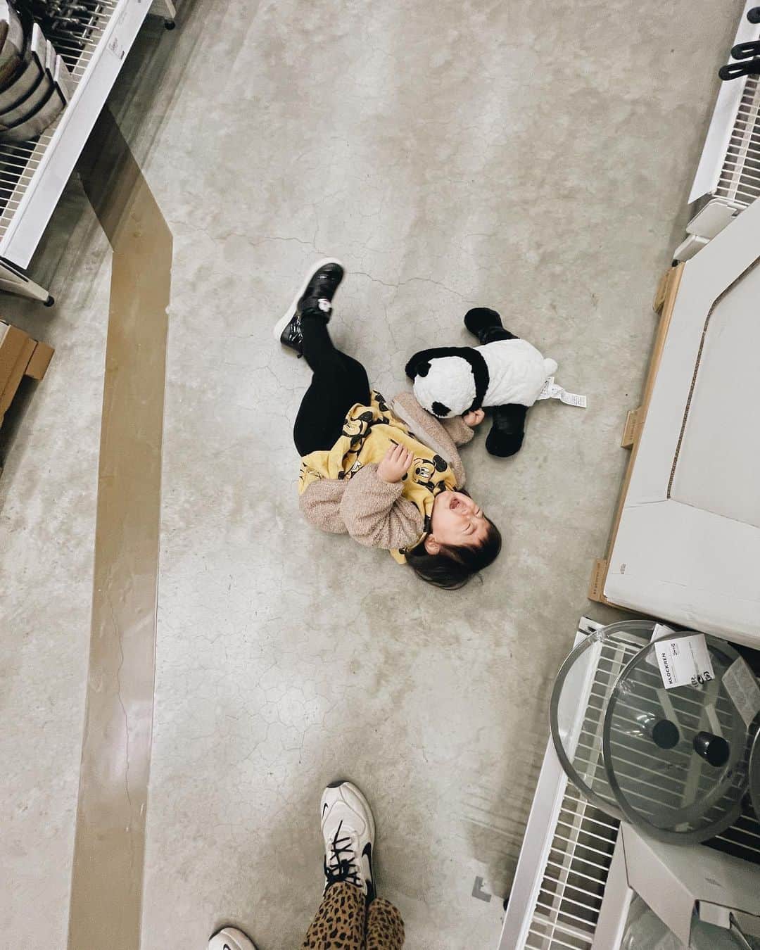 藤田可菜さんのインスタグラム写真 - (藤田可菜Instagram)「始まりました！ #駄々こね期 娘は床でバタバタ👣 母は嬉しくてパシャパシャ📸 #パンダは連れて帰りました」1月11日 22時20分 - fujikana0219