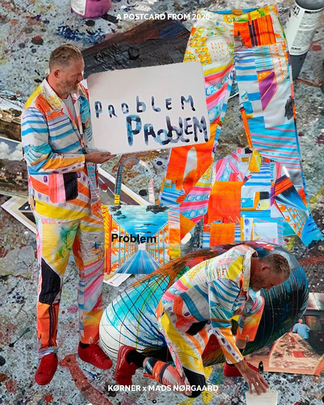 マッツノーガードのインスタグラム：「In the past year we have also engaged in a colorful and fantastic collaboration with Danish artist, John Kørner.   Together we created a mini collection of t-shirts, jackets, pants and tote bags. We launched the collection in his gallery in a tidal wave of yellow.」