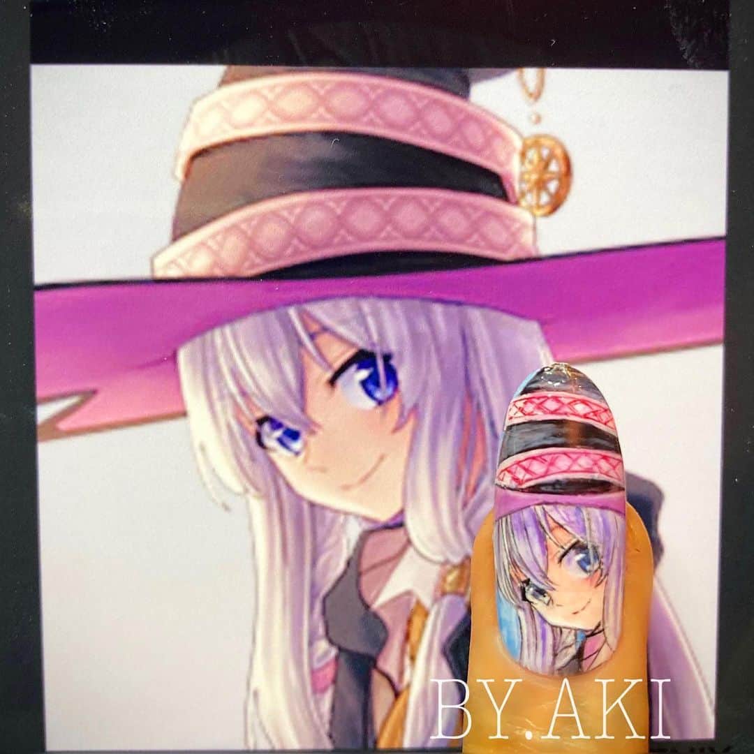 のインスタグラム：「魔女の旅々🌙 『灰の魔女』イレイナ💜  美少女好きが止まらず 女の子ばかり描いちゃう🌀 そろそろ…😆  #mazyonotabitabi  #魔女の旅々  #reina  #イレイナ   @by.aki#anime#manga#NAIL#ジェルネイル#ネイル#福岡#福岡市#全てジェルネイル#手描きネイル#all.gel#痛ネイル#ネイリスト#aki#認定講師#キャラネイル#네일#gel甲#美甲#爪甲」