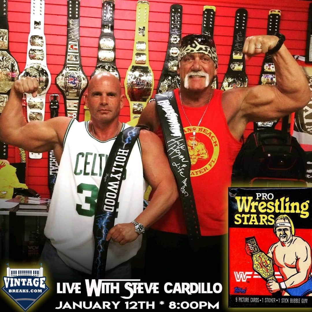 ハルク・ホーガンのインスタグラム：「*LIVE* at 8:00pm on January 12th,  a special pack break/giveaway!  Go to @cardilloweightbelts and @vintagebreaks459 for all the details on how to win this 1985 Topps WWF Wrestling pack after it is opened LIVE! And also a chance to win one of my NWO belts!」