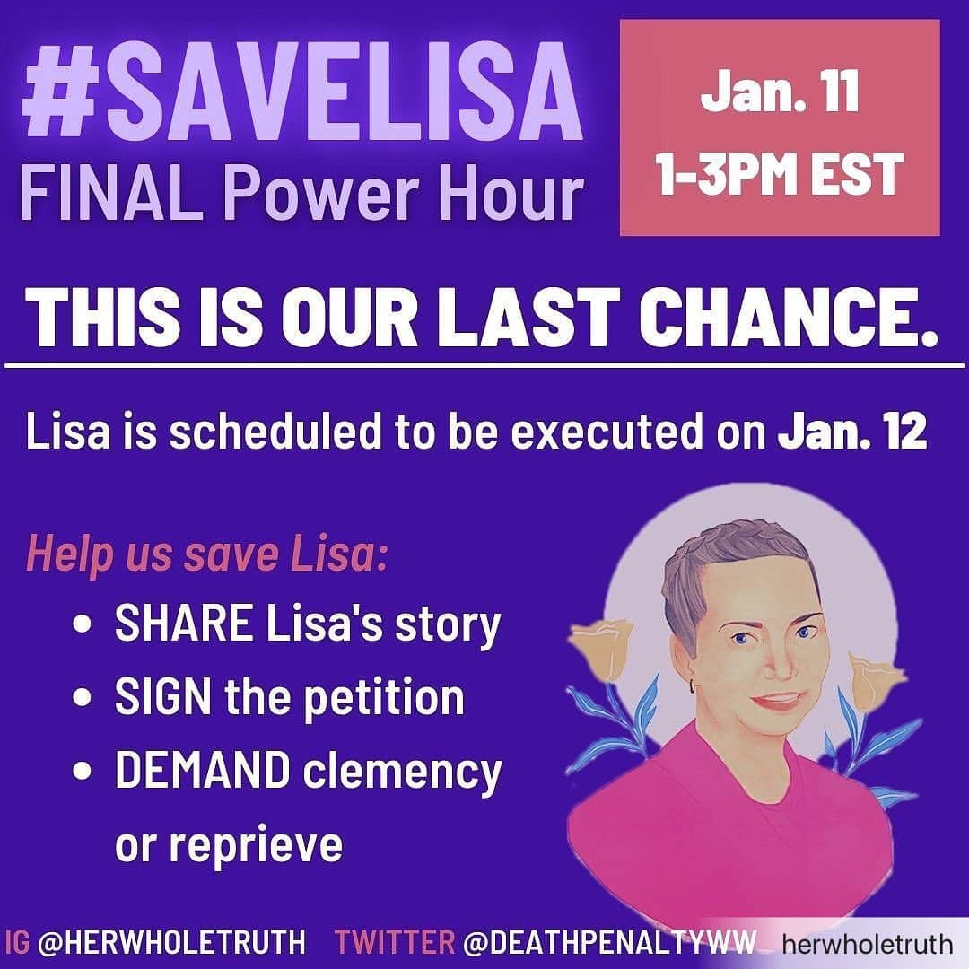 アイシャ・タイラーのインスタグラム：「Lisa’s crime was unthinkable. But so was her life. She was the victim of terrible childhood abuse and constant assault. Killing people will never teach people that killing is bad. Clemency takes into account the horrible abuse and child trafficking she endured, while still punishing her for her crime.  •••  With only 4 days left to save Lisa, we need to mobilize and raise our voices to start 2021 with a saved life. January 11, the day before Lisa’s execution date, we will be hosting another Power Hour from 1-3 pm EST to call on President Trump to #SaveLisa. This is our LAST CHANCE, and we need your help.   Resources for our power hour can be found in our social media toolkit in our bio, which we will continue to update leading up to the power hour.   #SaveLisa #EndTrauma #LisaMontgomery #HerWholeTruth #GiftofMercy #MercyforChristmas #MercyforLisa #LisaMontgomerysettobeexecuted #MercyforChristmas #MercyforLisa #Regiftingmercy #JaneDoeInc #federaldeathpenalty #deathrow #breakthecycle #mentalhealthawareness #endtrafficking」