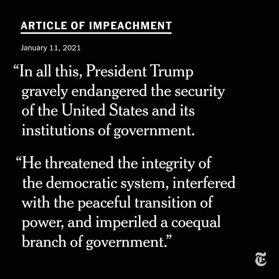 ニューヨーク・タイムズさんのインスタグラム写真 - (ニューヨーク・タイムズInstagram)「House Democrats have formally introduced an article of impeachment charging President Trump with “inciting violence against the government of the United States.”  The impeachment article against Trump includes a reference to the 14th Amendment, the post-Civil-War addition to the Constitution that prohibits anyone who “engaged in insurrection or rebellion” against the U.S. from holding future office.   Tap the link in our bio for the latest on this developing story.」1月12日 3時33分 - nytimes
