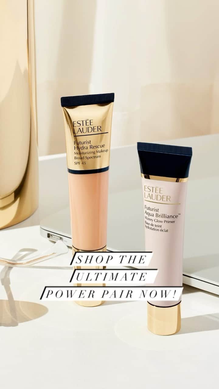 エスティローダーのインスタグラム：「Who knew #makeup could be this good for your skin? ✨ NEW Futurist Aqua Brilliance Watery Glow #Primer + Futurist Hydra Rescue #Foundation = your new favorite makeup #PowerPair. Together, #FuturistPrimer and #FuturistFoundation care for your skin, without causing breakouts or clogging pores. Shop this skin-caring duo now!」
