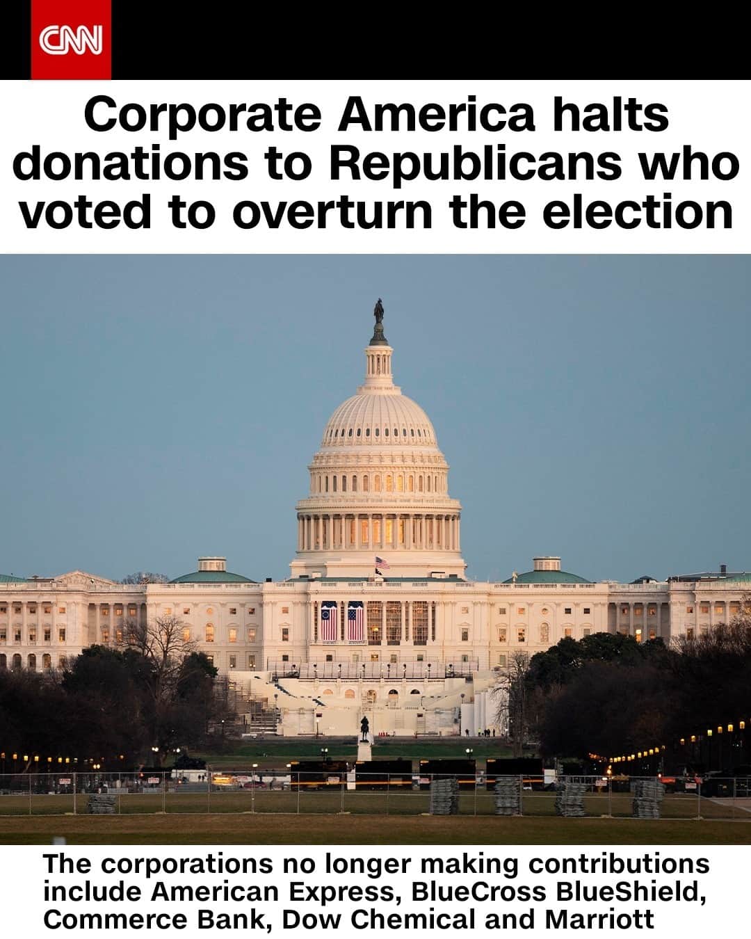 CNNさんのインスタグラム写真 - (CNNInstagram)「A growing list of corporations — including American Express, BlueCross BlueShield, Commerce Bank and Marriott — are suspending donations to Republican Congress members who objected to the Electoral College's votes. 147 Republicans voted against the certification of the electoral votes in a joint session of Congress last Wednesday evening.⁠ (📸: Andrew Caballero- Reynolds/AFP via Getty Images)」1月12日 5時12分 - cnn