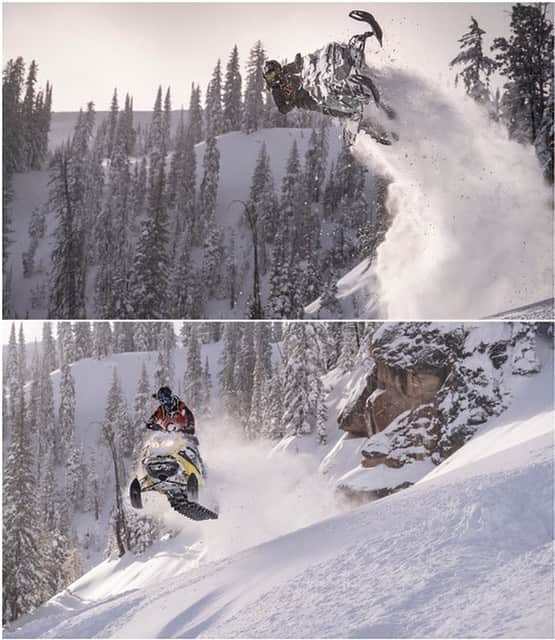 ケン・ブロックのインスタグラム：「Pro vs amateur. Same jump, different result! Watching and riding with rad dudes like @SkiDoo pro @JayMentaberry411 is very inspirational! (note to self: jump bigger) #SkiDooSummitTURBO」