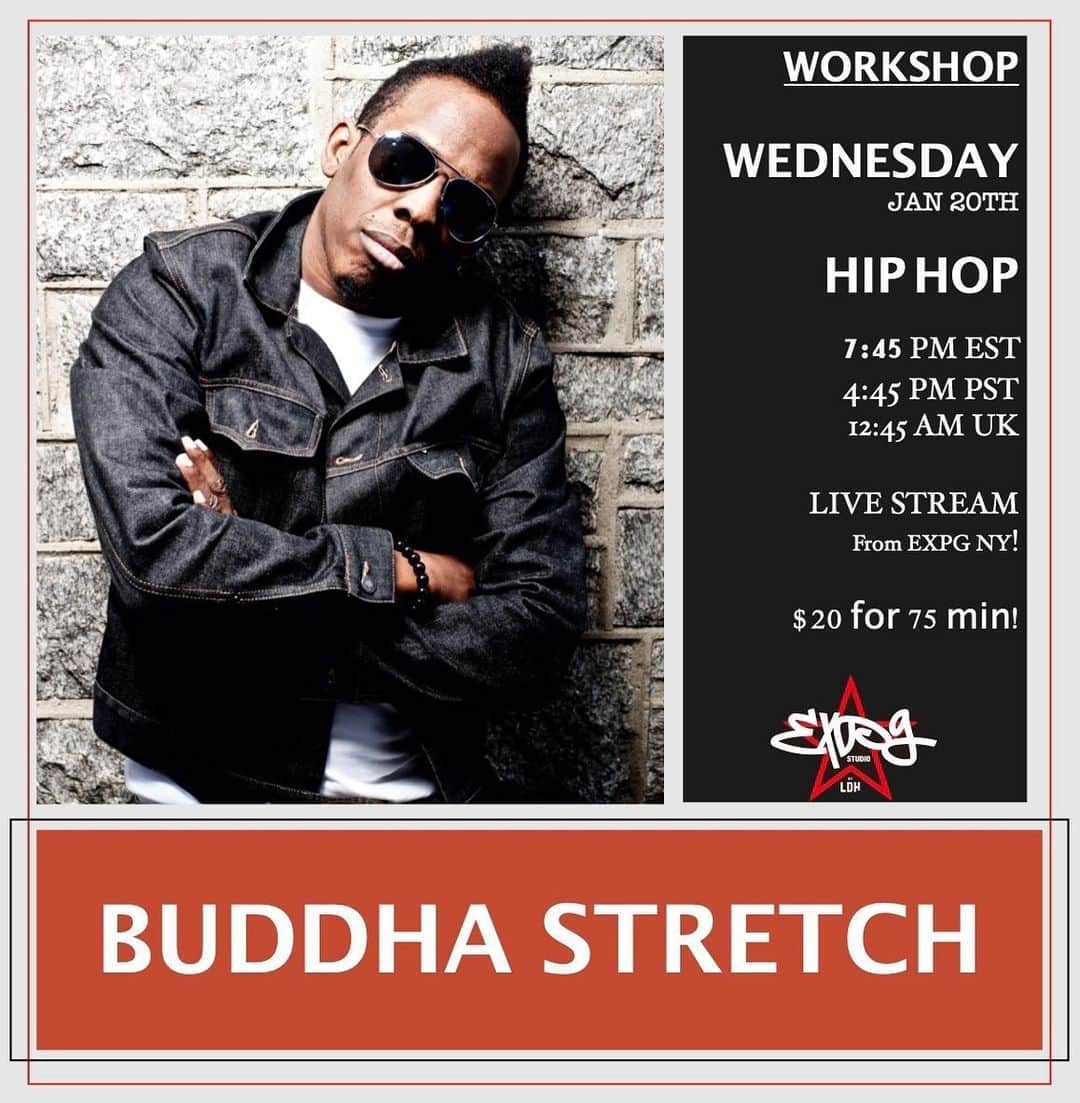 EXILE PROFESSIONAL GYMさんのインスタグラム写真 - (EXILE PROFESSIONAL GYMInstagram)「The one and only will share the knowledge of Hip Hop culture with you 🔥🔥🔥  Sign up for live stream Workshop with amazing @buddhastretch now! (Use Online events/ Workshops page at our web site !)  . ..........  Click ‘Book’ and create an account OR login in to your Mind Body account to reserve ✔️ Private login link will be sent via email 15 minutes prior to class start 👀  ZOOM TIPS 👀 If using 📱 Zoom app best way to go 👍 Please use ‘mute’ button when not speaking. We encourage displaying your video for teacher feedback! See you on the dance floor!」1月12日 9時07分 - expg_studio_nyc