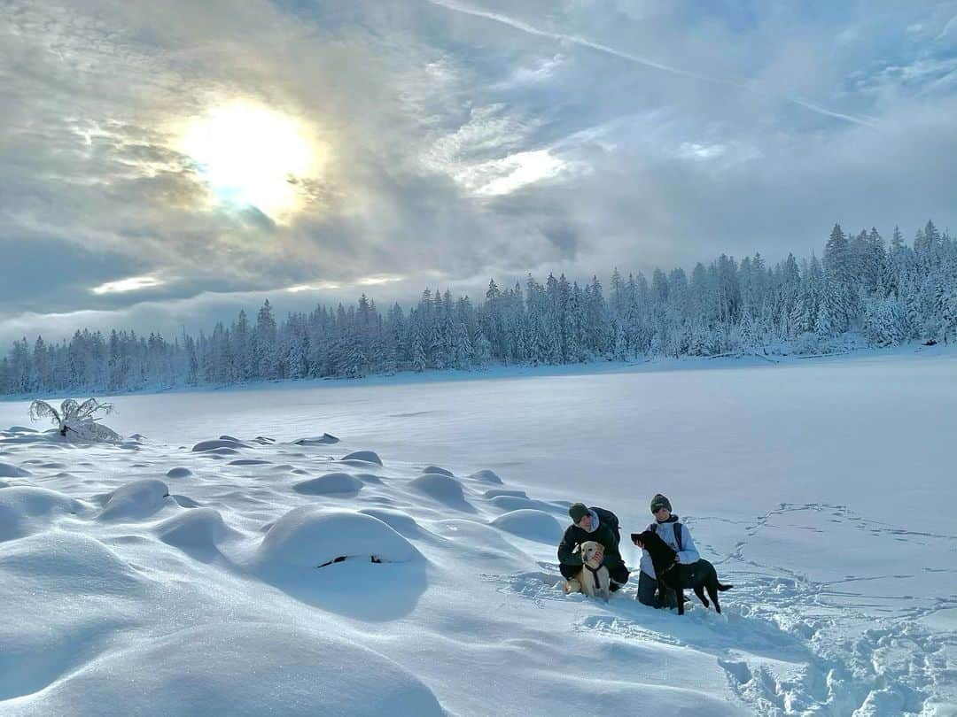 原口るりこのインスタグラム：「. . 家族で過ごすお休みの日 . #大自然🏔 #凍った湖 #雪山登山 . . . . #都心から離れた暮らし  #自然と暮らす . . . #germany #labrador #labradorretriever #lab #ドイツ#ドイツ生活 #ドイツ暮らし#雪山#登山#山登り#trekking #snowofinstagram」