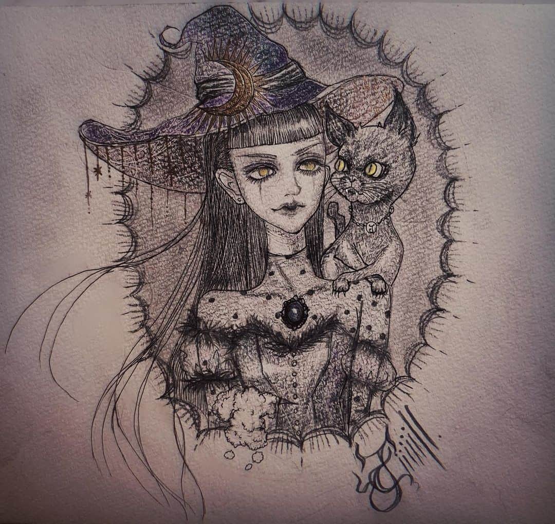 chiiiiiのインスタグラム：「🔮Me&Jill🩸  自分を描いたのは初めて ジルちゃんは少し 悪い顔になってしまったね🔪」