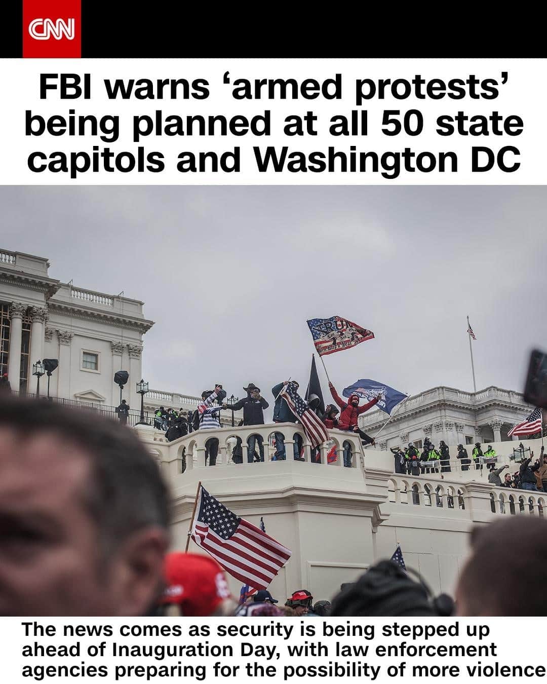 CNNさんのインスタグラム写真 - (CNNInstagram)「The FBI has received information indicating "armed protests" are being planned at all 50 state capitols and the US Capitol in Washington, DC in the days leading up to President-elect Joe Biden's inauguration on January 20, according to an internal bulletin obtained by CNN. The news comes after rioters stormed the US Capitol last week leaving five people dead, including a Capitol Police officer. Tap the link in our bio to learn more.⁠ ⁠ (📸: Shay Horse/NurPhoto via Getty Images)」1月13日 0時46分 - cnn